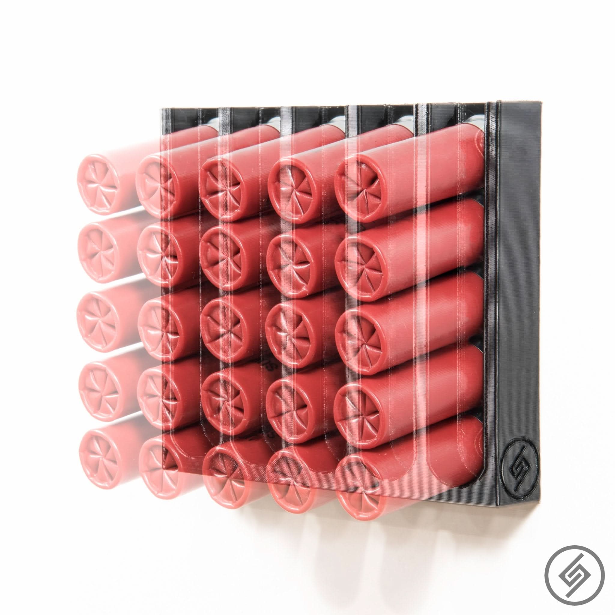 12 gauge shotgun shells shown loaded in the Spartan Mounts wall rack for organized, off-the-floor ammo storage