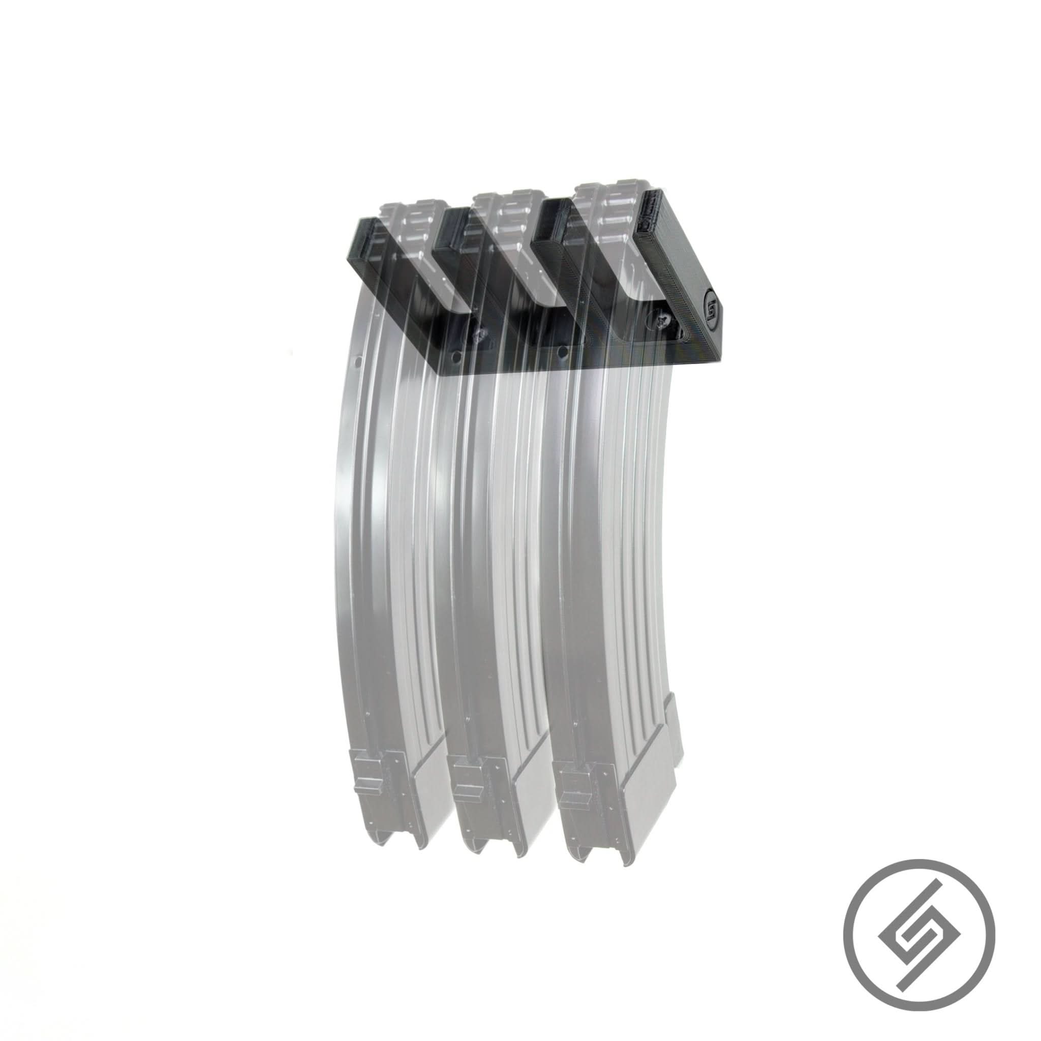 AK-47 magazines shown loaded in the Spartan Mounts metal wall rack for organized, off-the-floor storage
