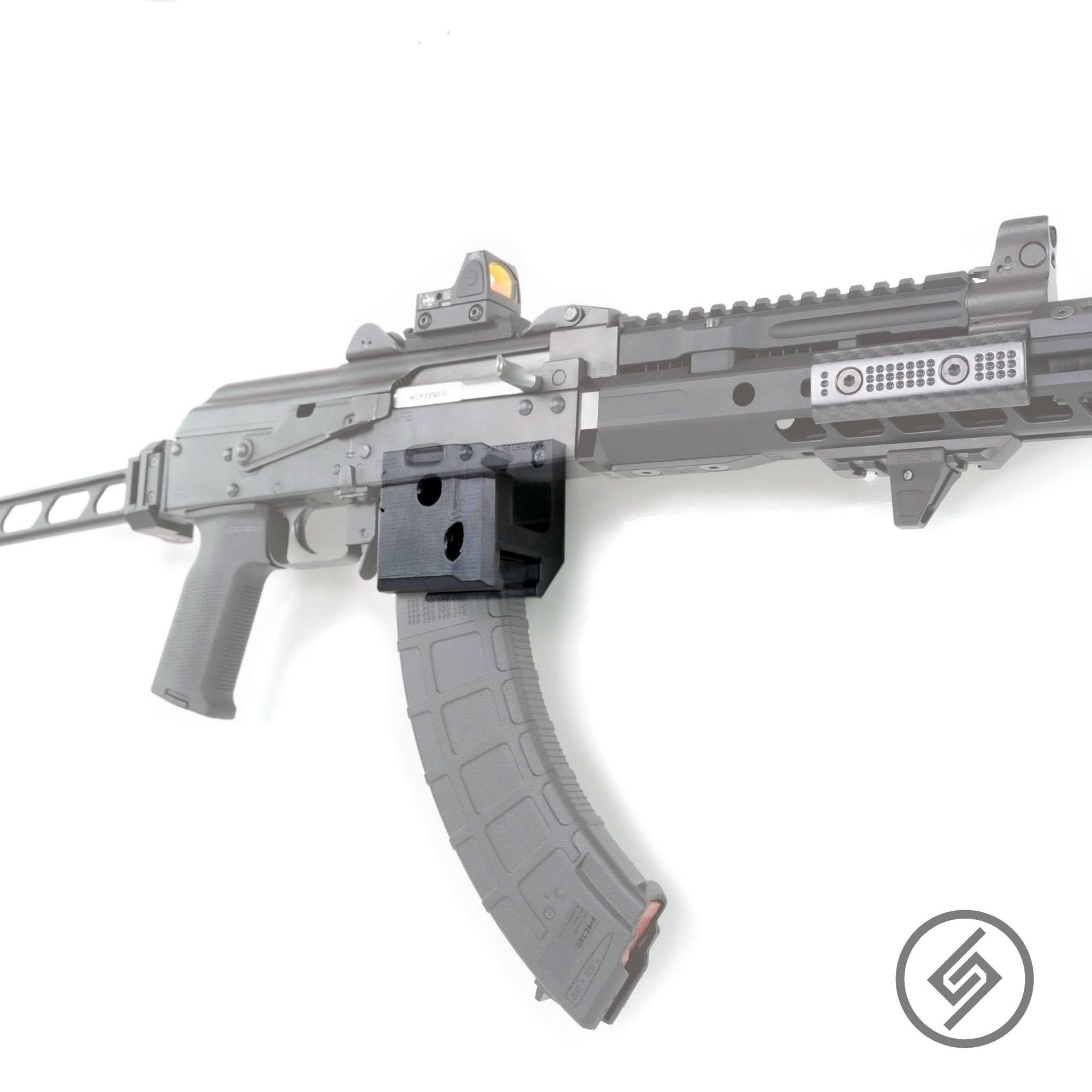 AK-47 rifle with a loaded PMAG shown mounted on the Spartan Mounts wall hook for quick-access storage