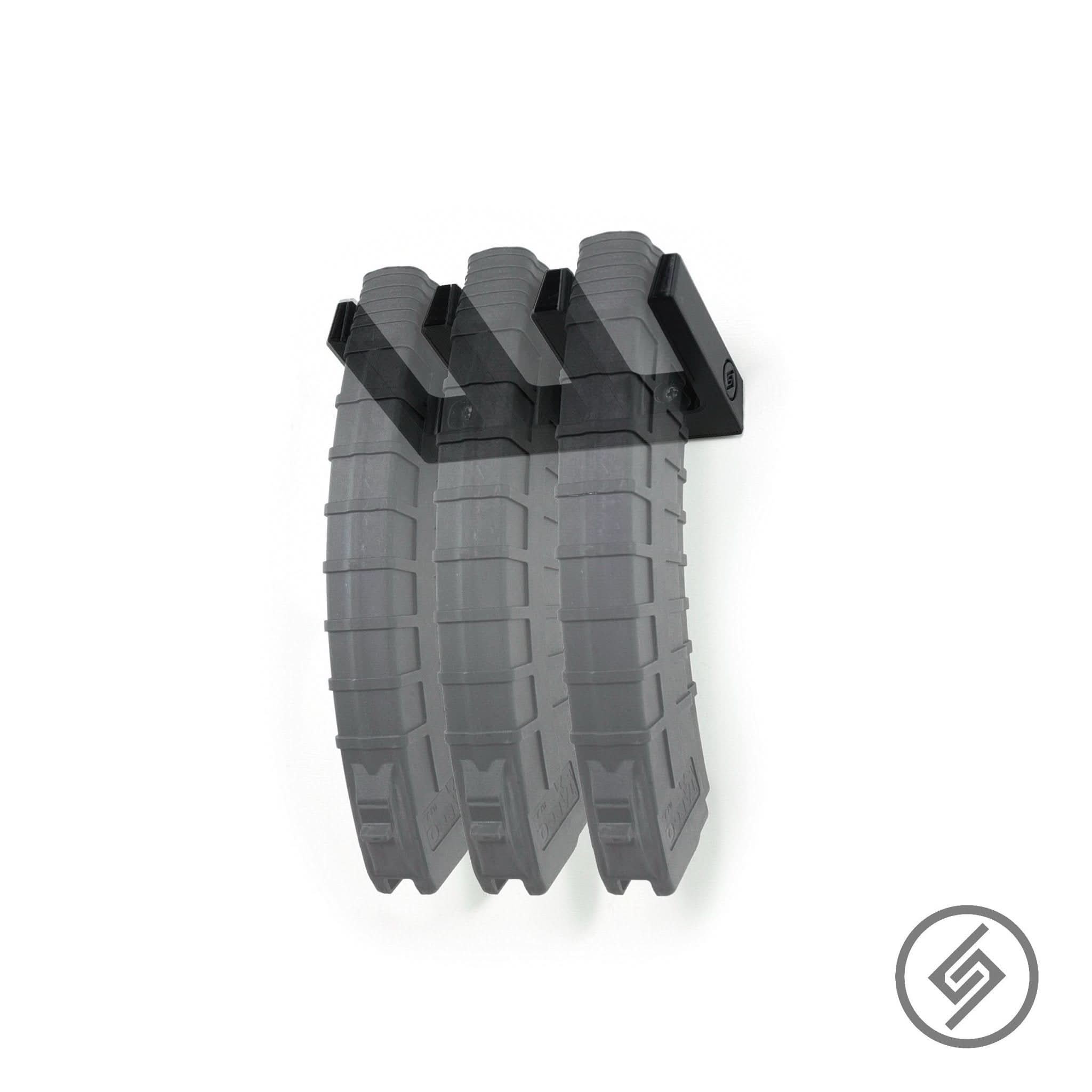 AK-47 Tapco magazines shown loaded in the Spartan Mounts wall rack for organized, off-the-floor storage