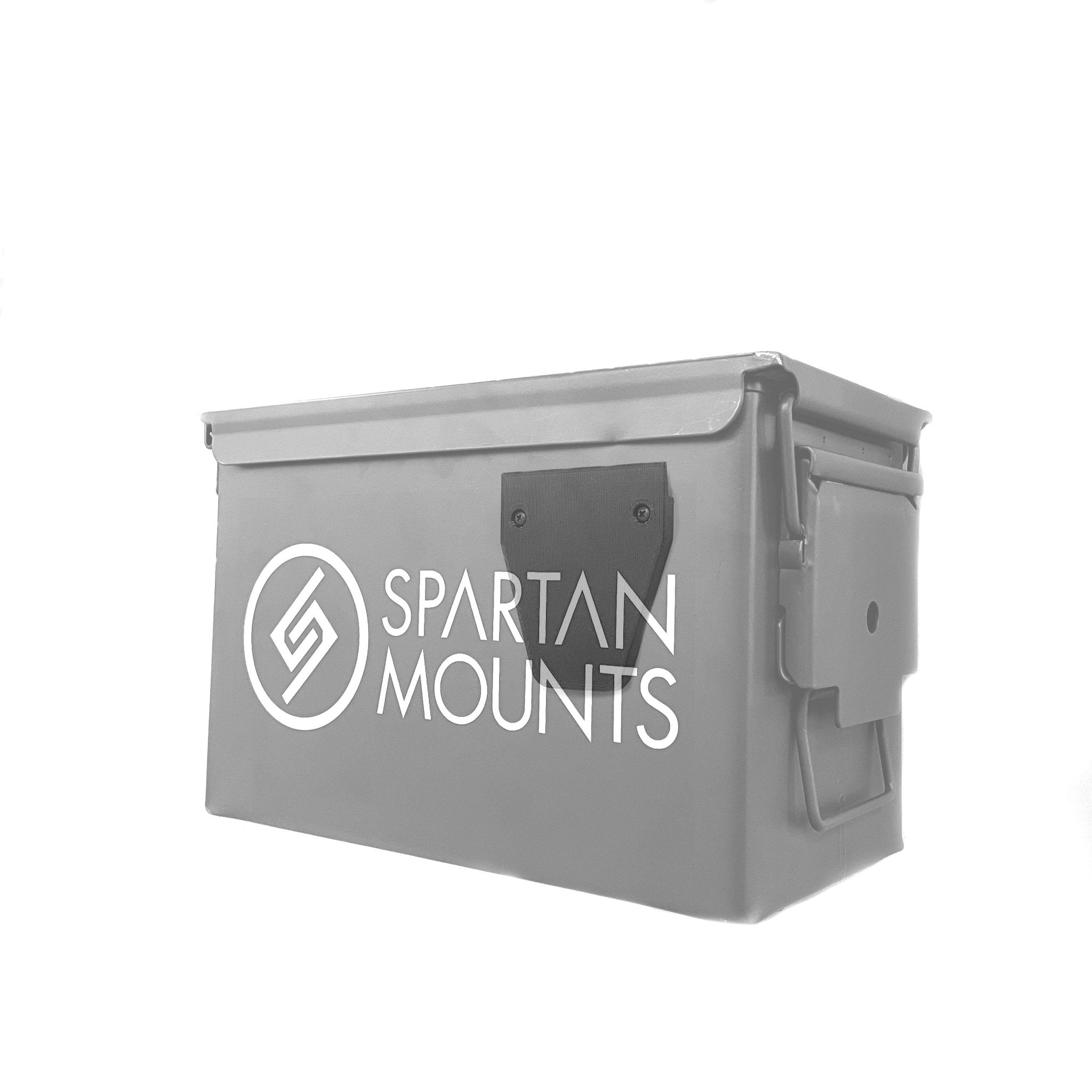 Ammo can shown mounted on the Spartan Mounts wall mount for organized, off-the-floor storage