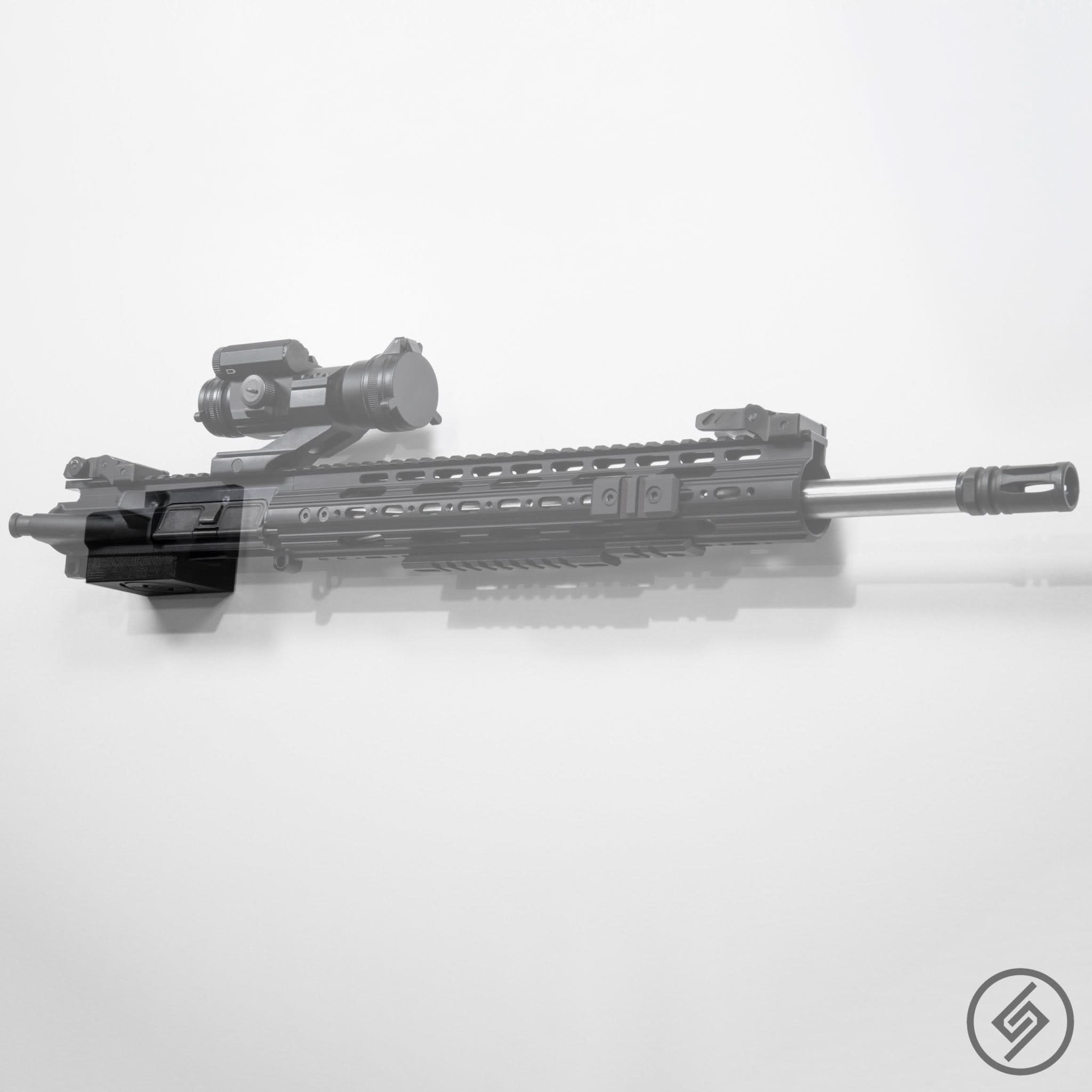 AR-10 upper receiver shown mounted on the Spartan Mounts wall hook for organized, off-the-floor storage