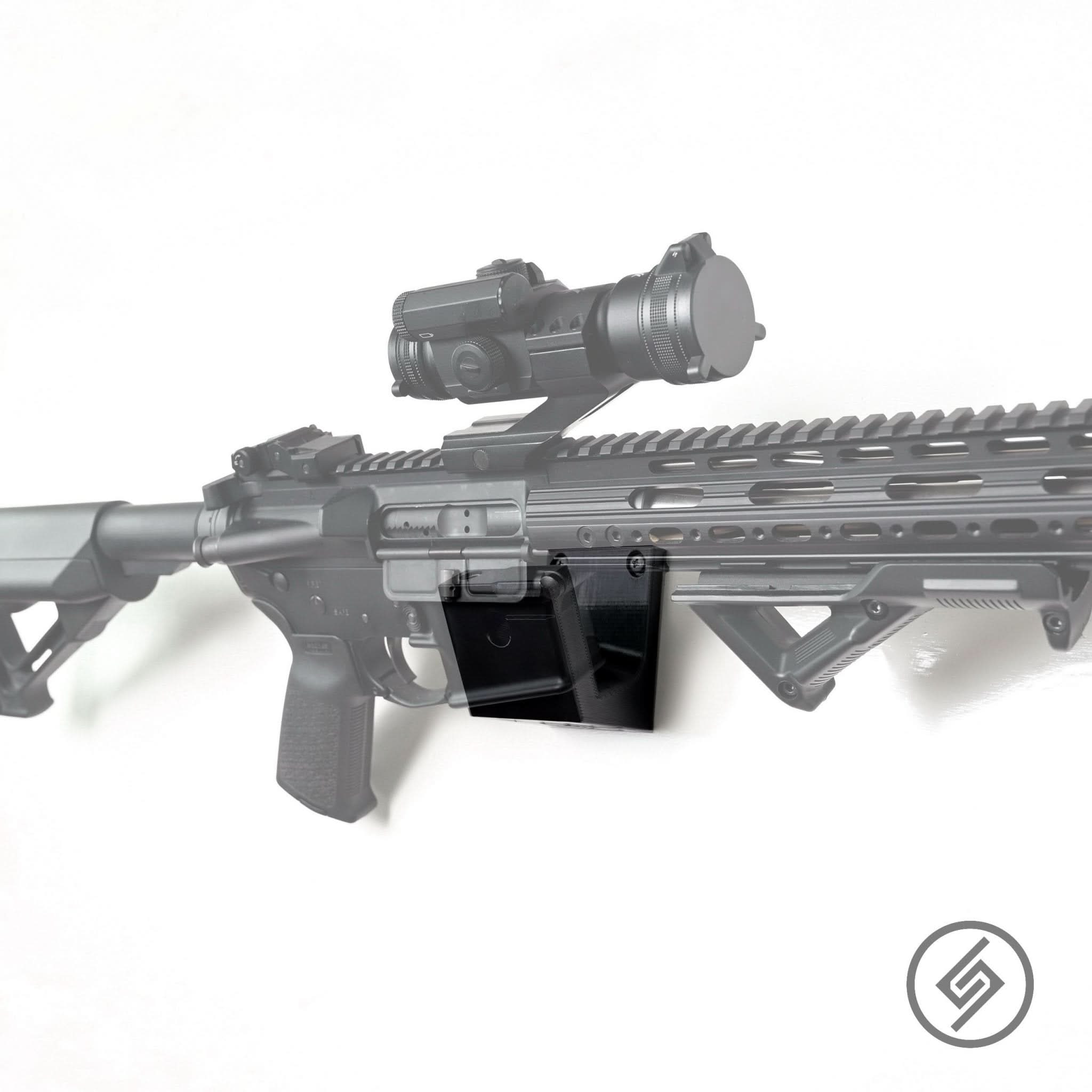 AR-15 rifle shown mounted at an angle on the Spartan Mounts wall hook for a clean, space-saving display