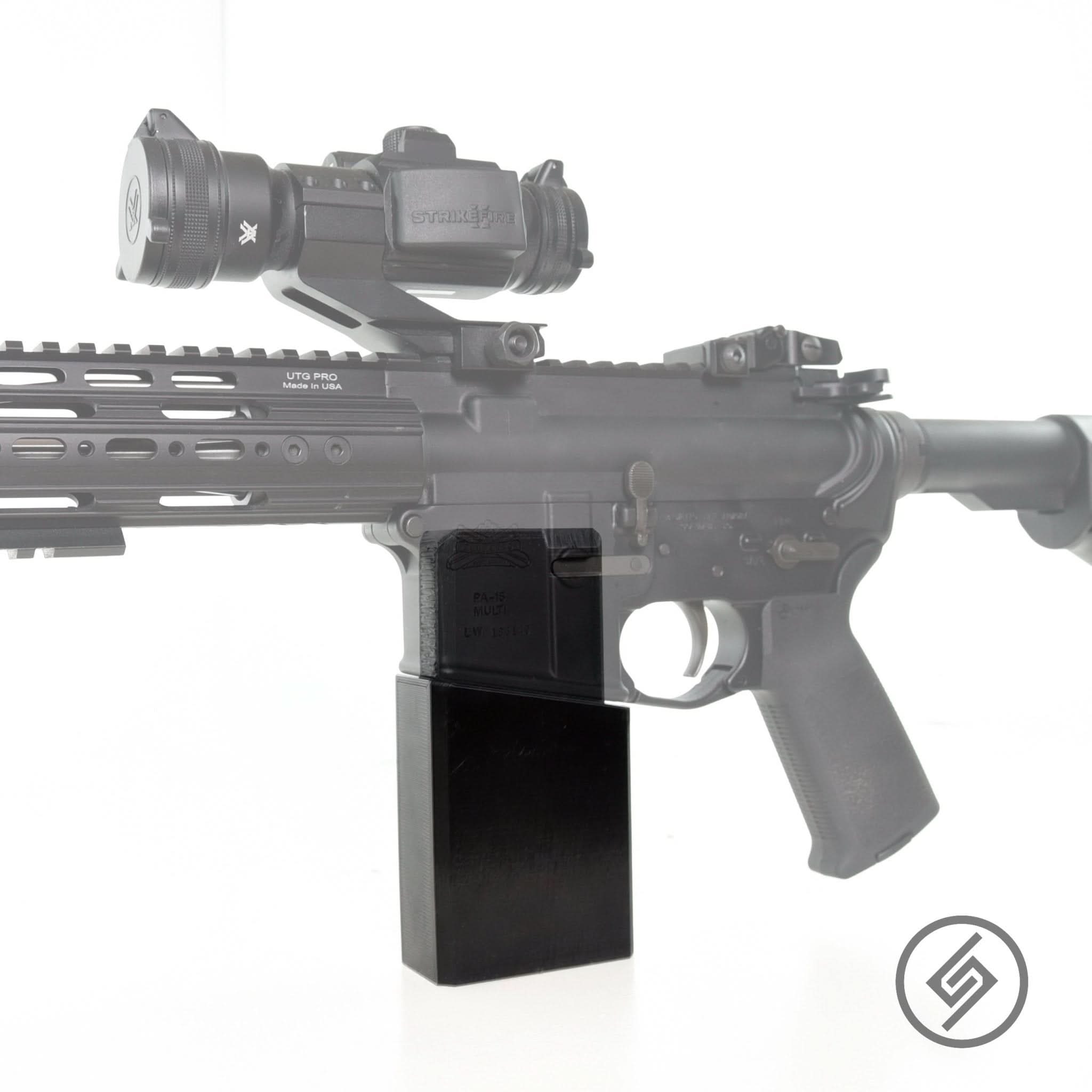 AR-15 rifle shown secured in the Spartan Mounts bench storage mount for stable workbench support