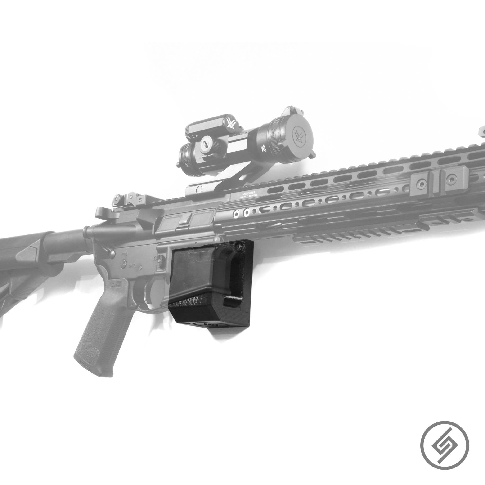 AR-15 rifle shown mounted on the Spartan Mounts deep wall hook for secure, quick-access storage