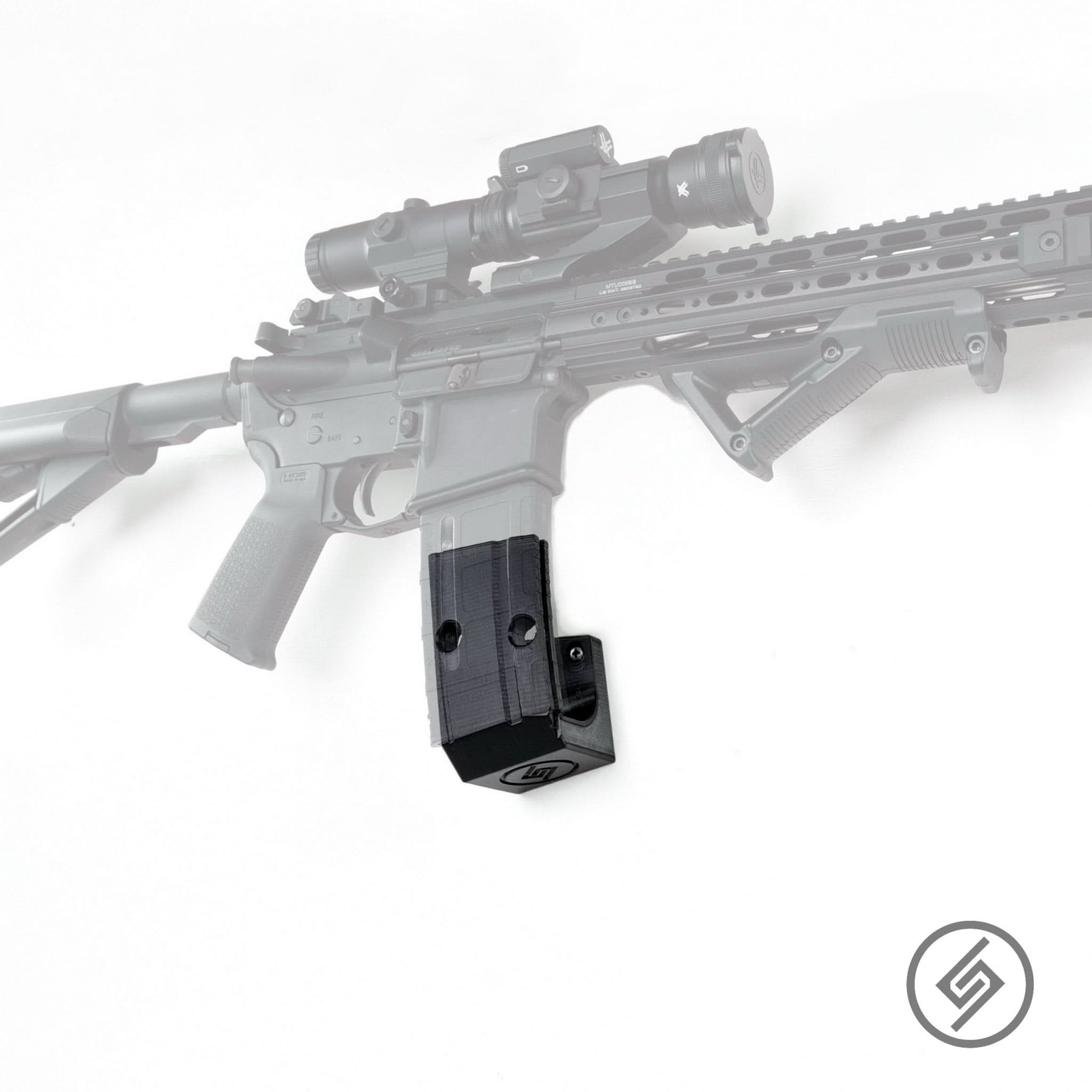 AR-15 rifle shown mounted on the low-profile Spartan Mounts hidden wall hook for a discreet, clutter-free display