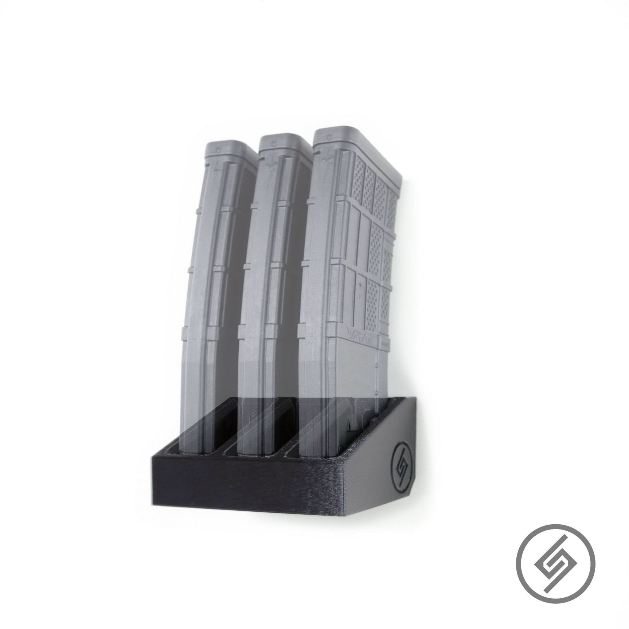 AR-15 Lancer magazines shown loaded in the Spartan Mounts wall rack for organized, off-the-floor storage