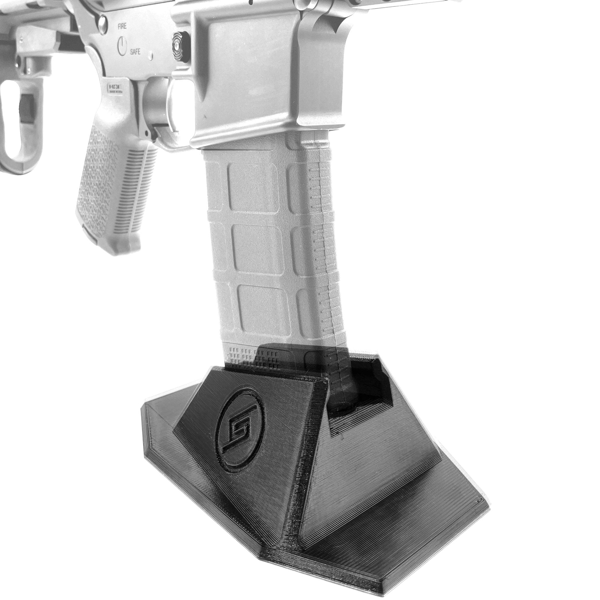 AR-15 PMAG magazines shown docked in the Spartan Mounts wall rack for organized, off-the-floor storage
