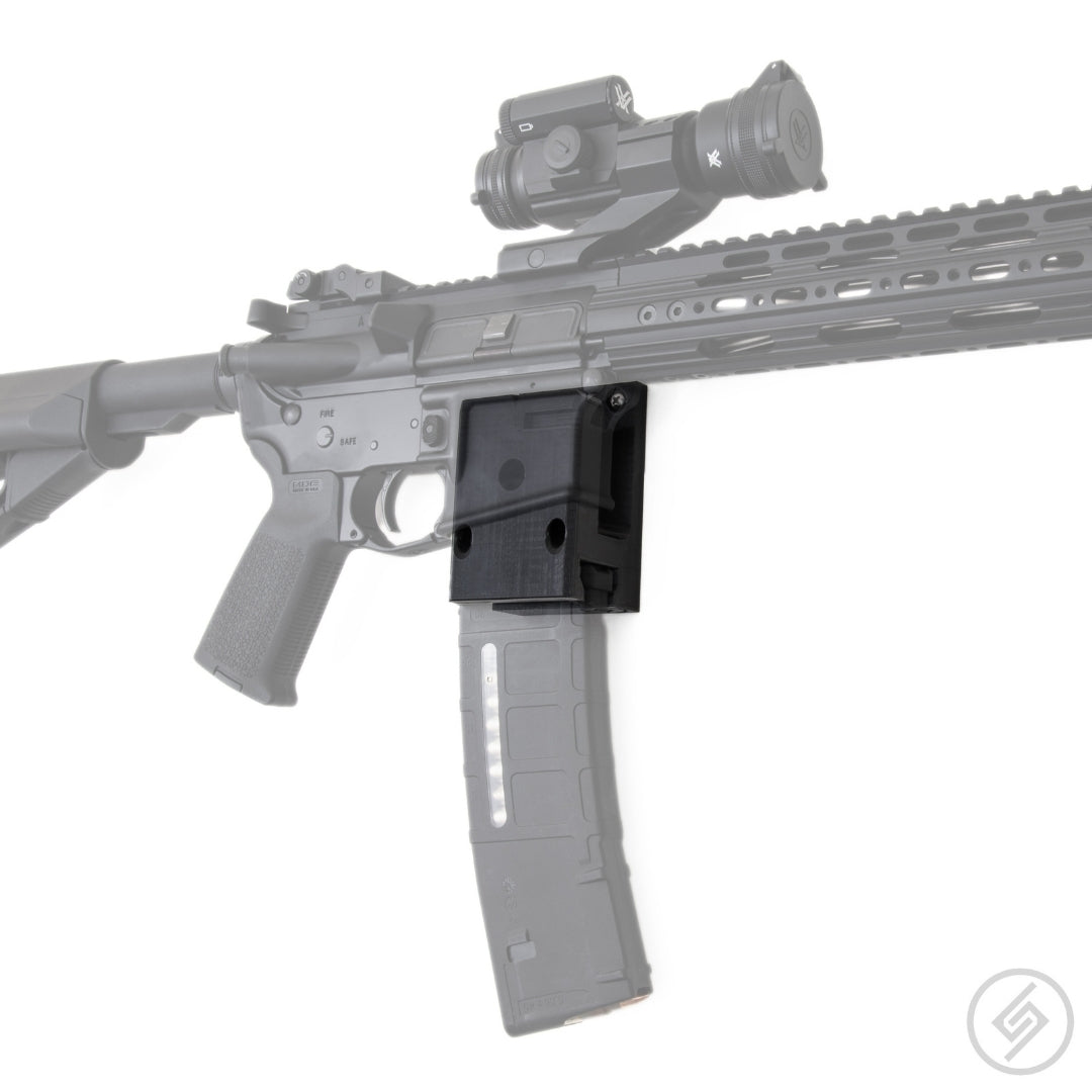 AR-15 rifle with a loaded PMAG, California-compliant edition, shown mounted on the Spartan Mounts wall hook for quick-access storage
