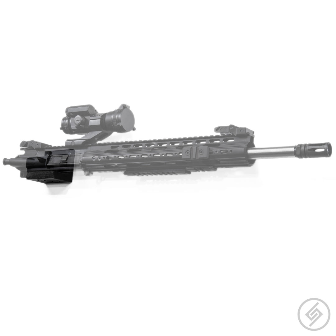 AR-15 upper receiver shown mounted on the Spartan Mounts wall hook for organized, off-the-floor storage