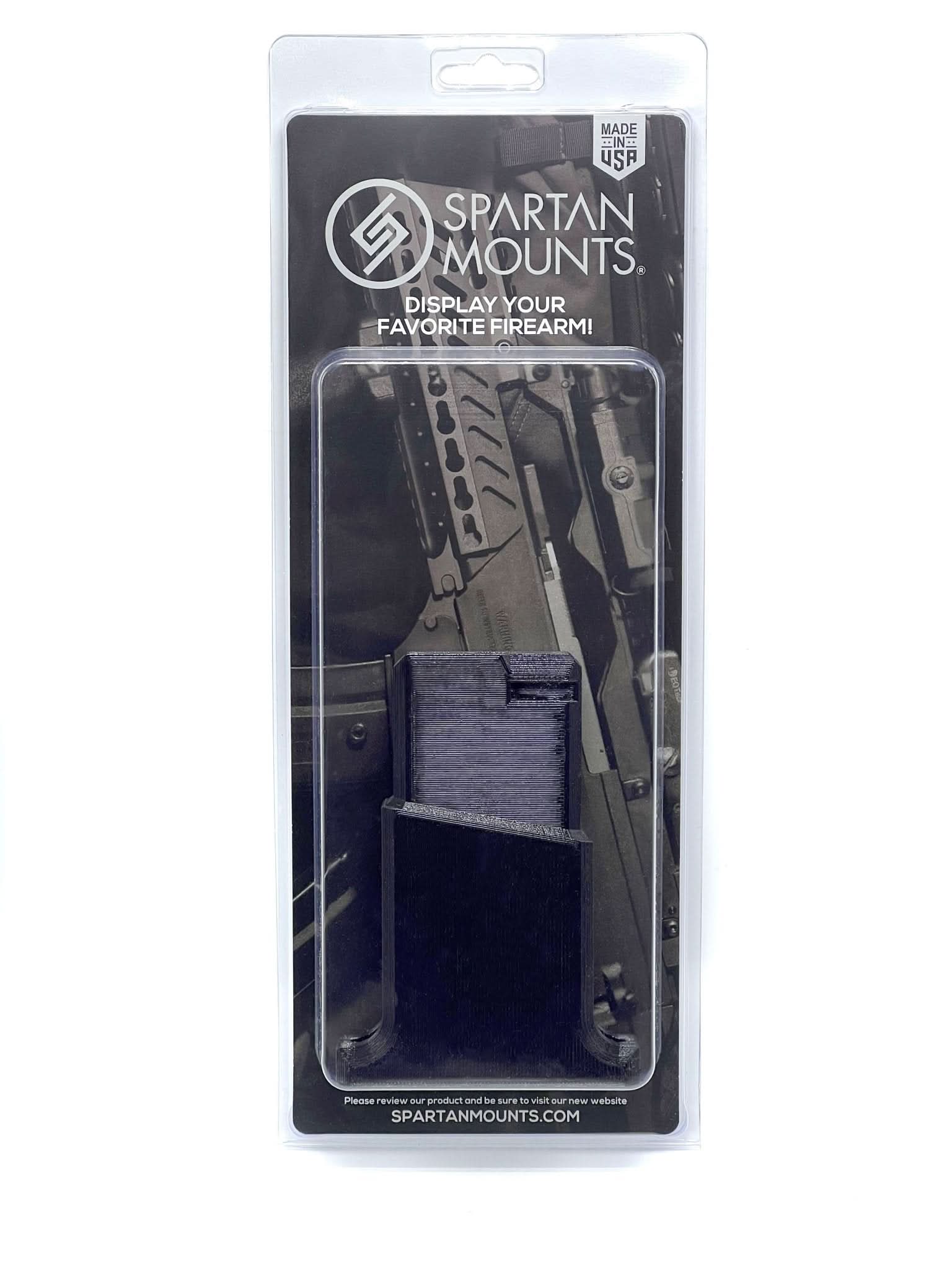 Spartan Mounts AR-15 vertical wall mount shown in retail packaging