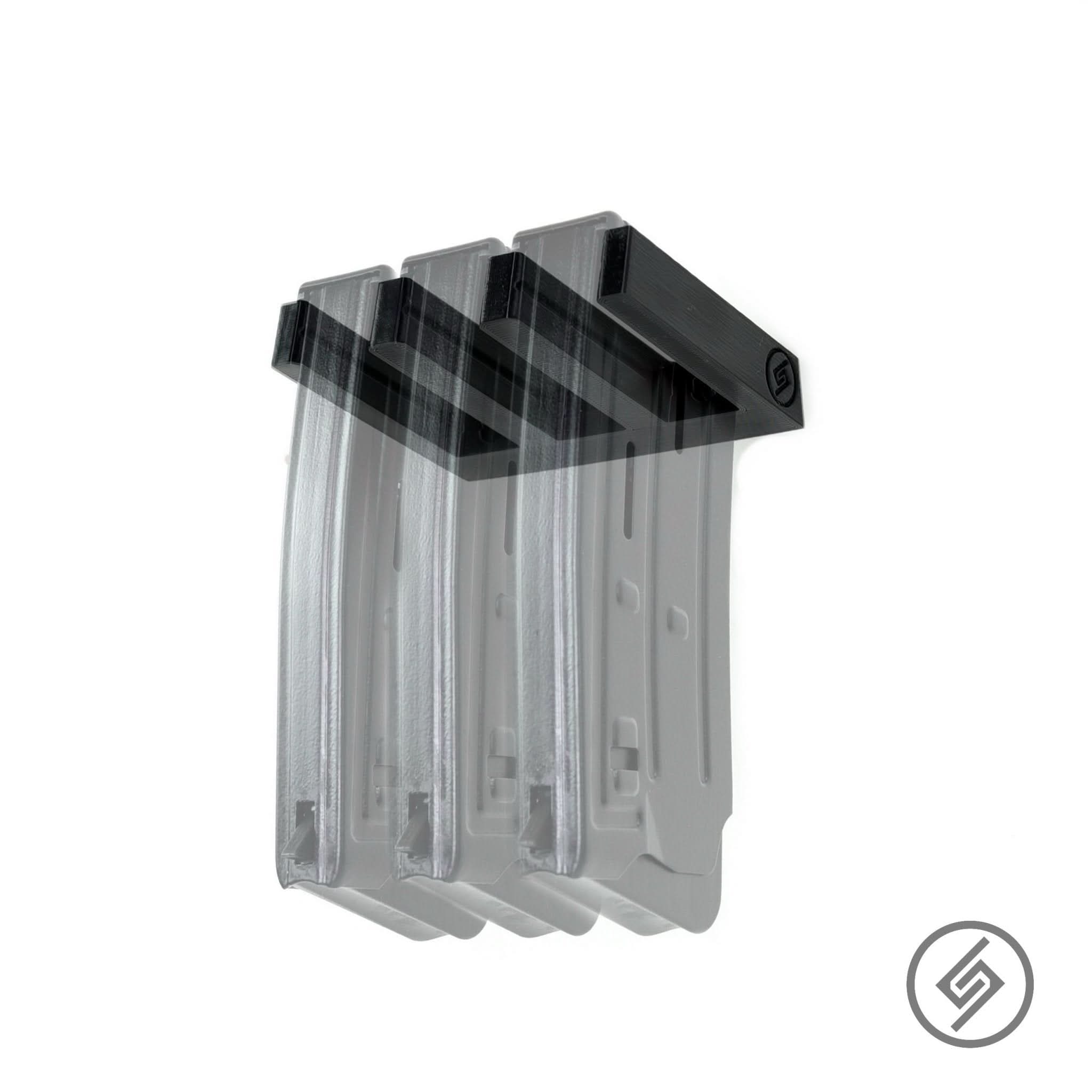 AR-20 magazines shown loaded in the Spartan Mounts wall rack for organized, off-the-floor storage