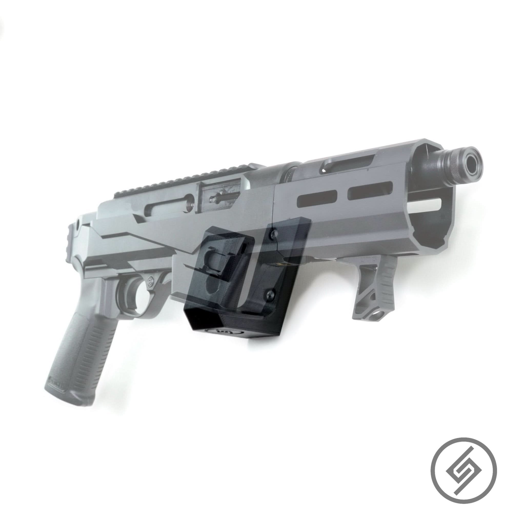 AR-9 Colt PCC shown mounted on the Spartan Mounts wall hook for secure, quick-access storage