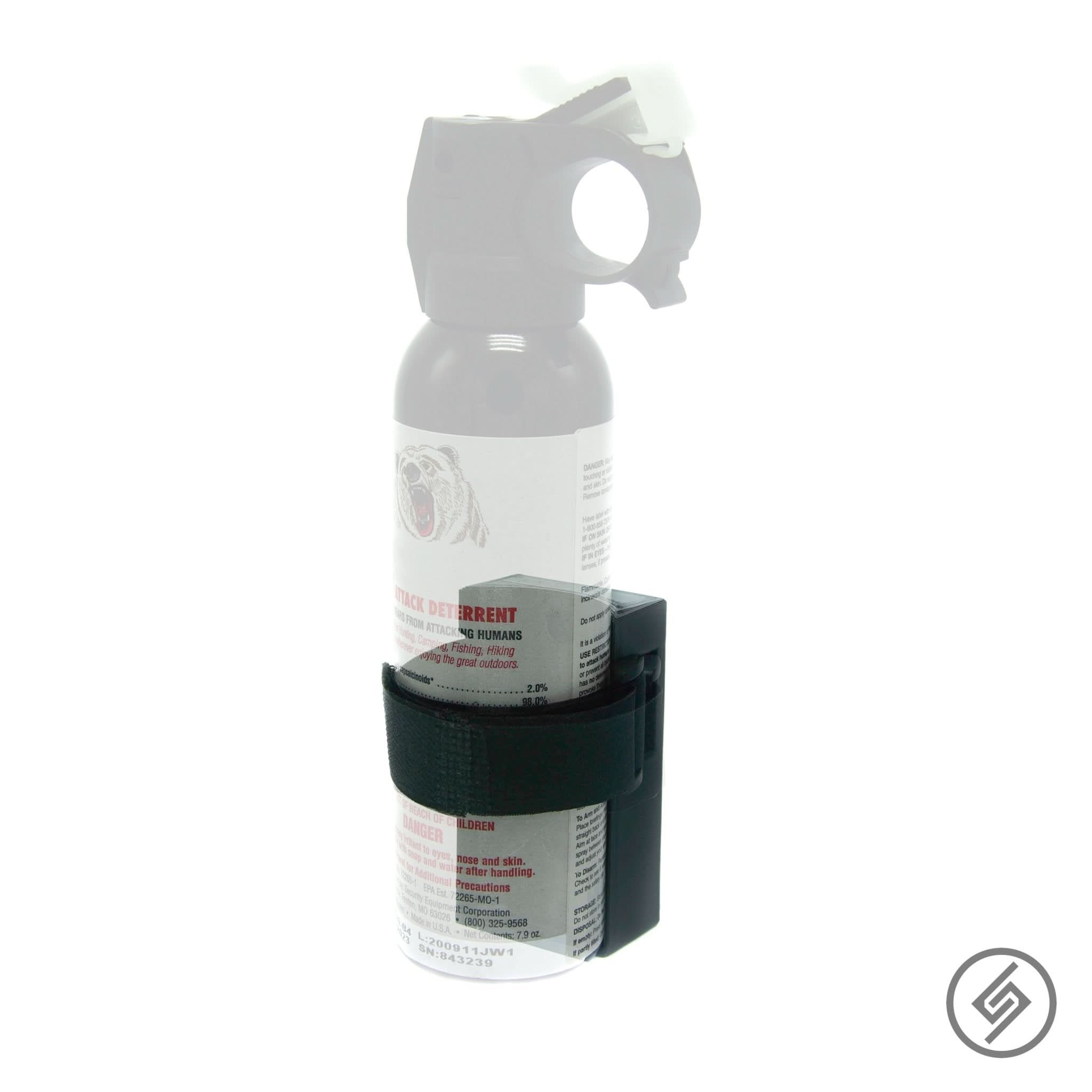 Bear spray canister shown mounted on the Spartan Mounts wall hook for quick-access, off-the-floor storage