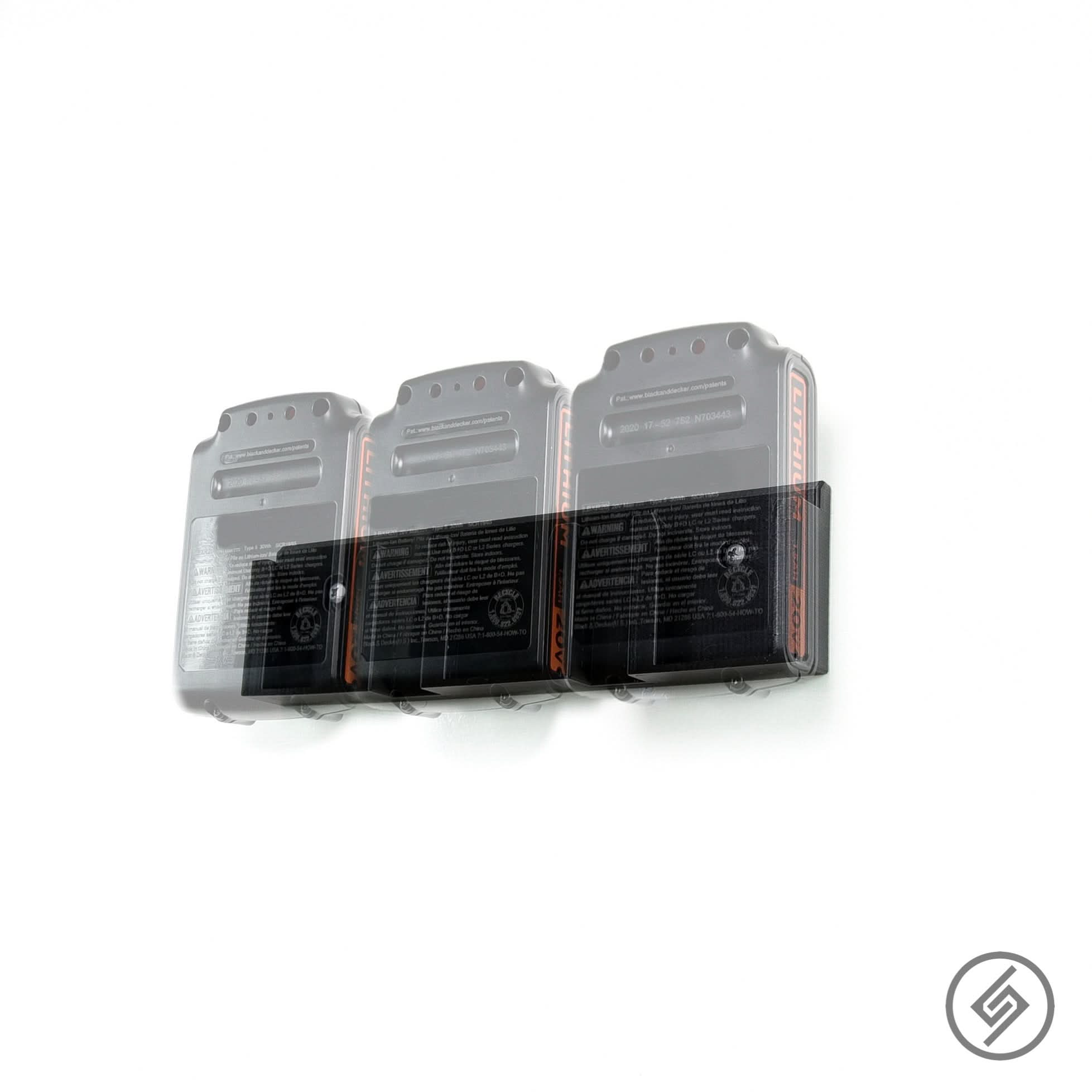 Black & Decker 20V battery shown mounted on the Spartan Mounts wall hook for organized garage and shop storage