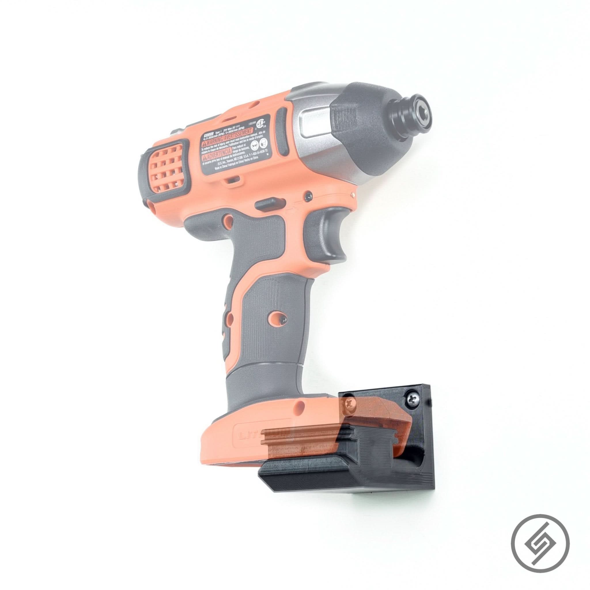 Black & Decker 20V power tool shown mounted on the Spartan Mounts wall hook for organized garage and shop storage