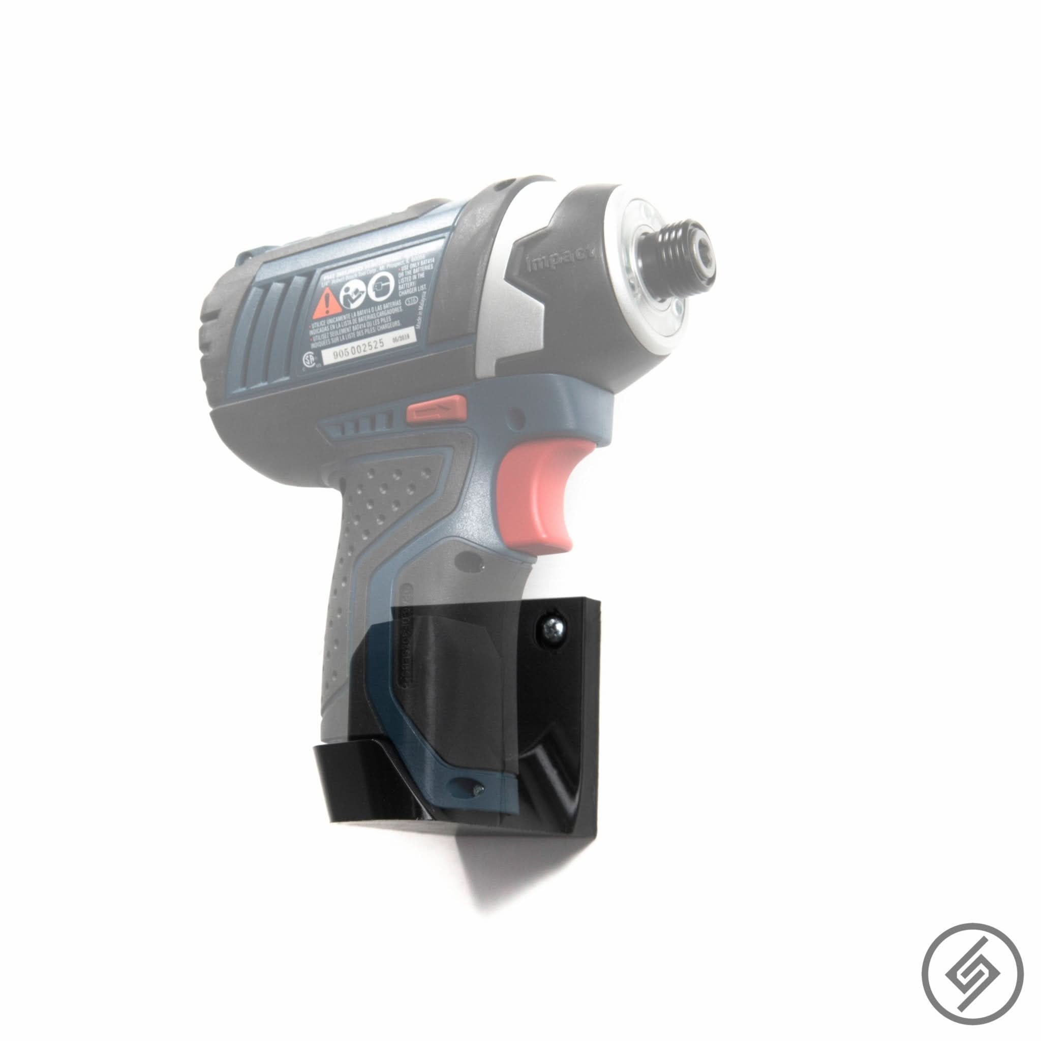 Bosch 12V power tool shown mounted on the Spartan Mounts wall hook for organized garage and shop storage