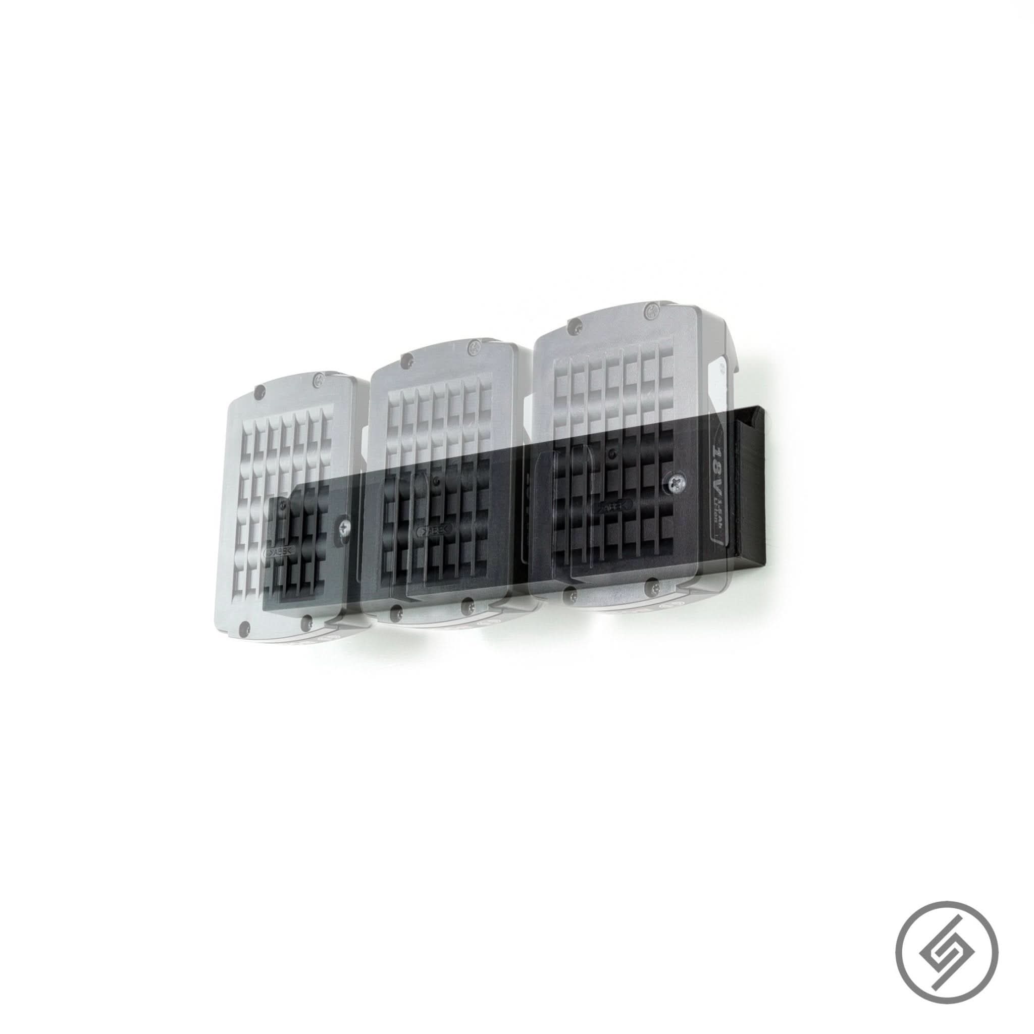 Bosch 18V battery shown mounted on the Spartan Mounts wall hook for organized garage and shop storage