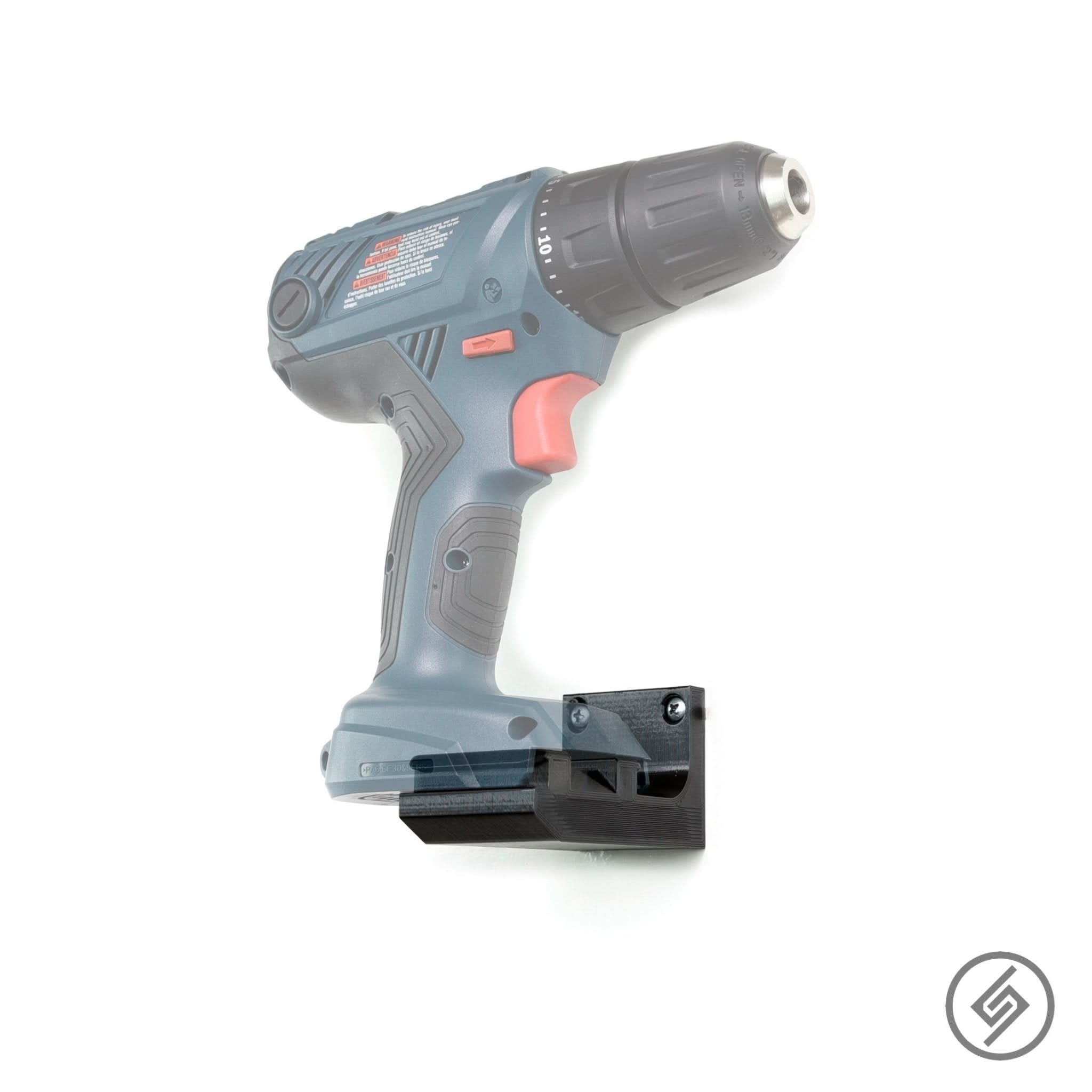 Bosch 18V power tool shown mounted on the Spartan Mounts wall hook for organized garage and shop storage