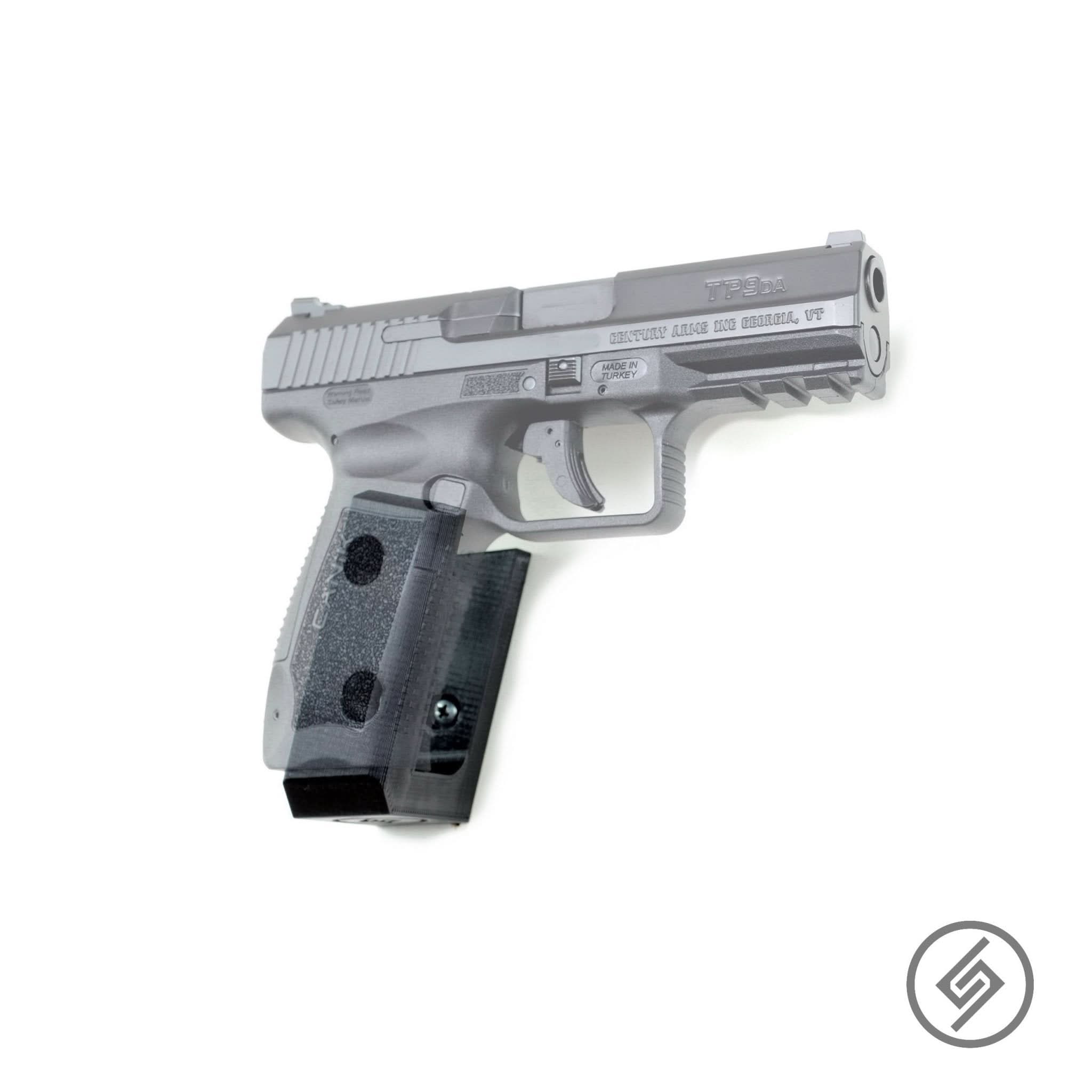 Canik TP9 pistol shown mounted on the Spartan Mounts wall hook for a clean, quick-access display