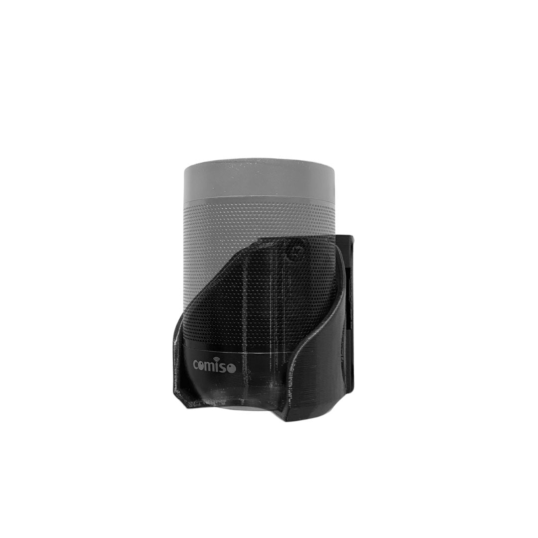 Comiso X26 Mini speaker shown mounted on the Spartan Mounts wall mount for a clean, space-saving setup