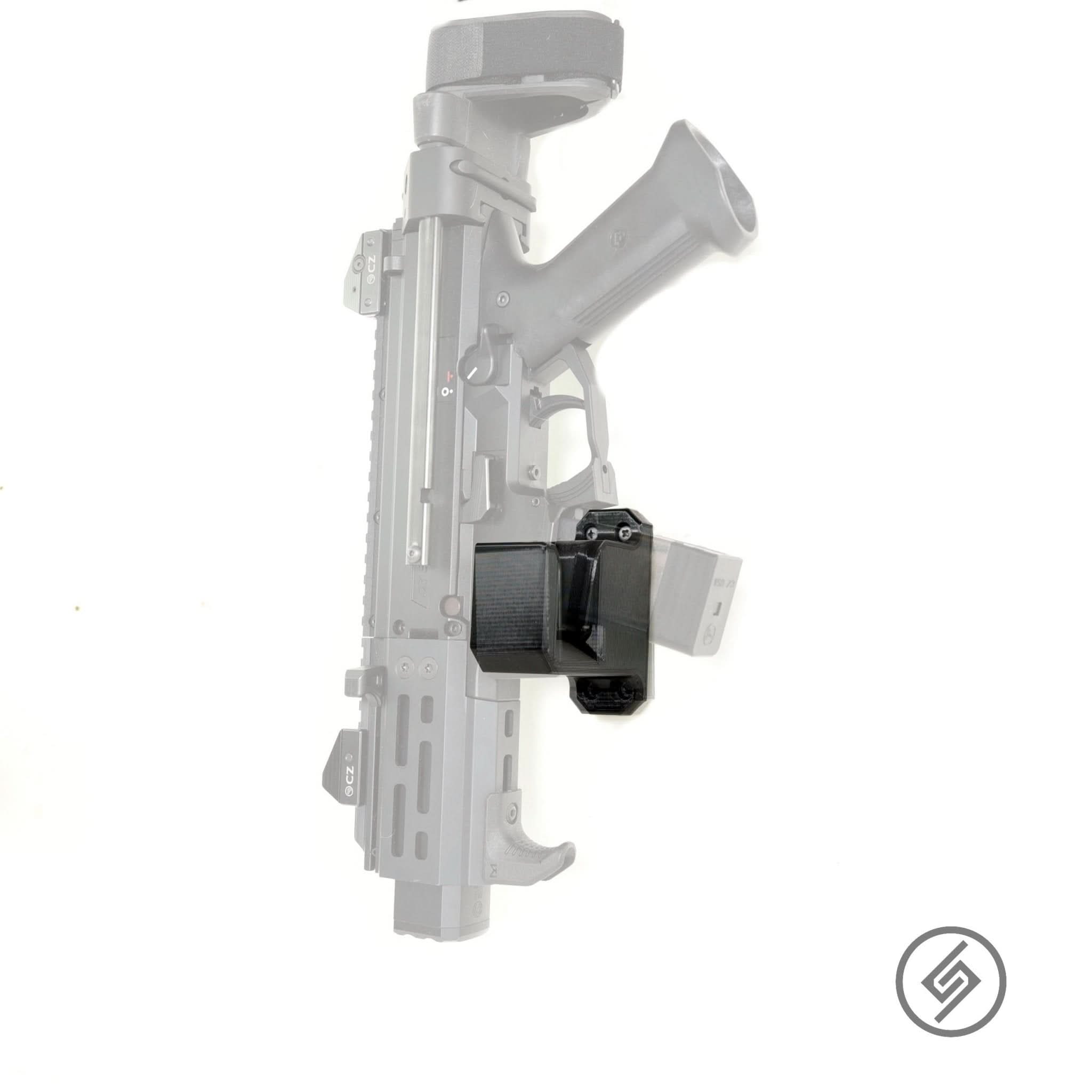 CZ Scorpion EVO 3 shown in the Spartan Mounts QDM quick-defense wall mount for fast, ready access