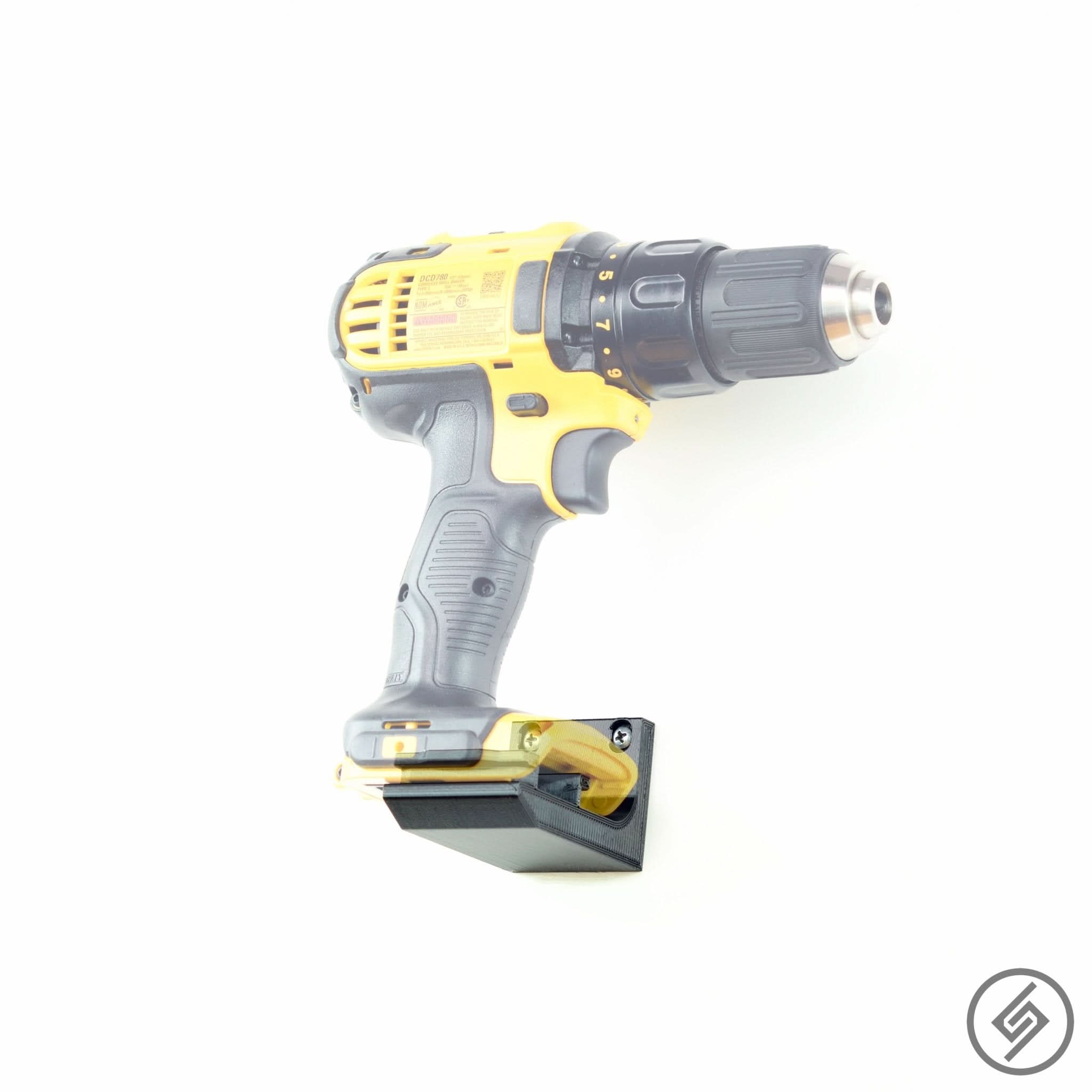 DeWalt 20V power tool shown mounted on the Spartan Mounts wall hook for organized garage and shop storage