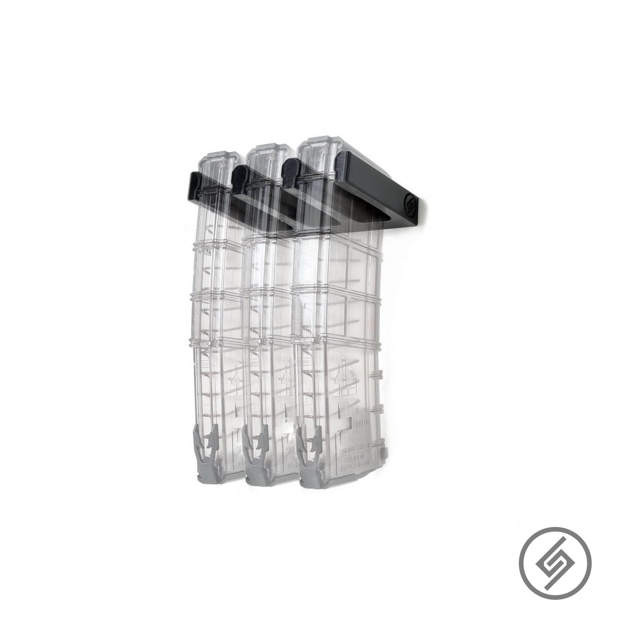 ETS AR-15 magazines shown loaded in the Spartan Mounts wall rack for organized, off-the-floor storage