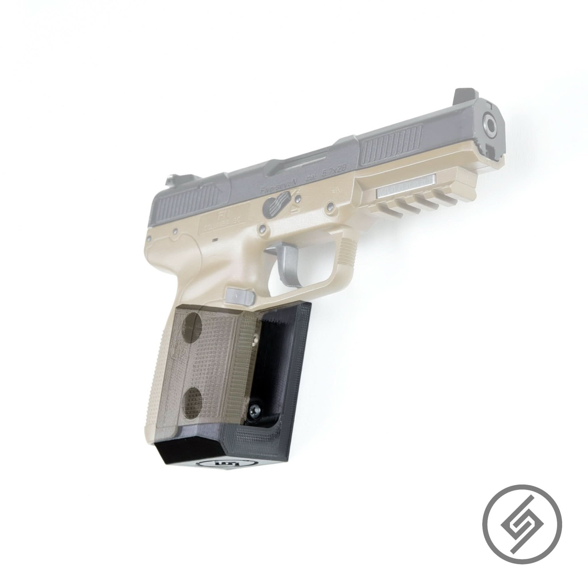 FN 5.7 pistol shown mounted on the Spartan Mounts wall hook for a clean, quick-access display