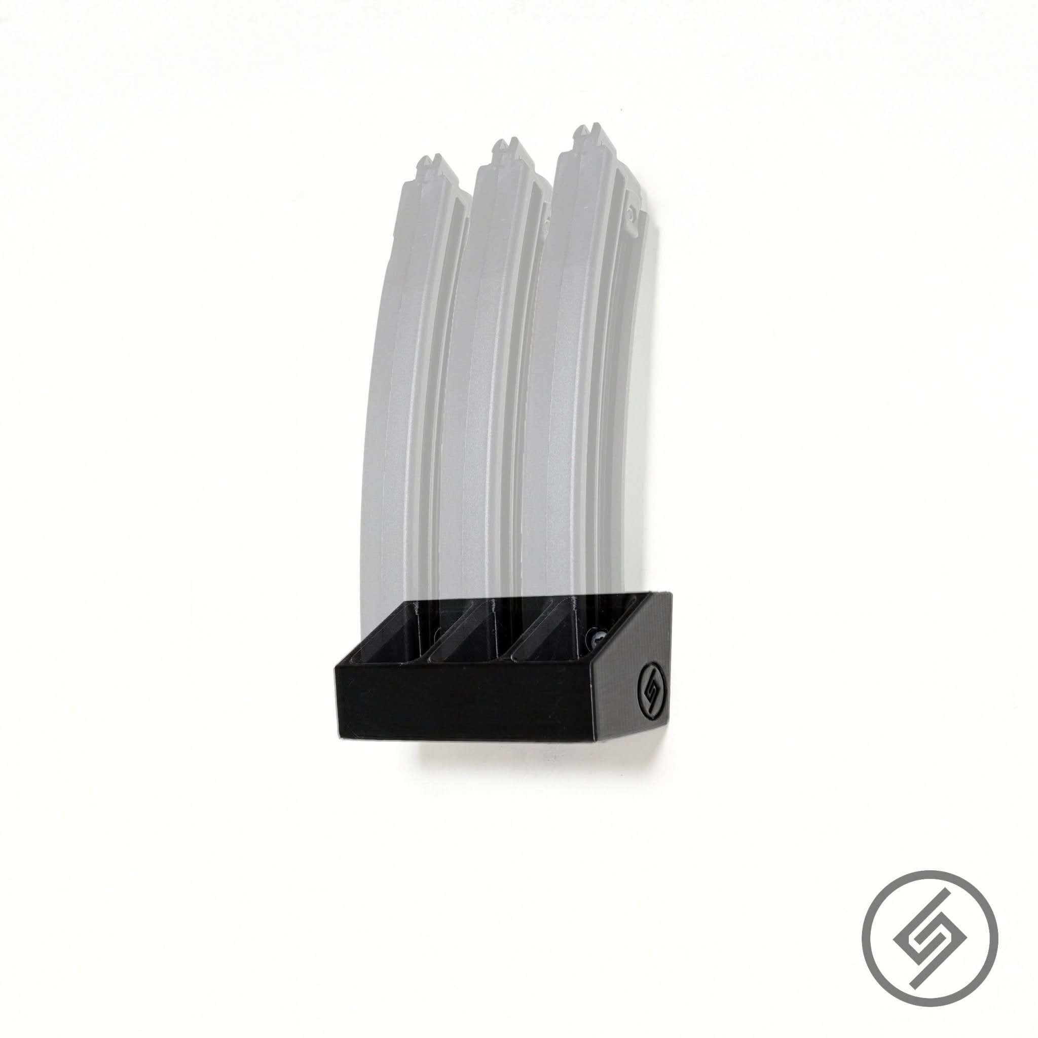 GSG-16 magazines shown loaded in the Spartan Mounts wall rack for organized, off-the-floor storage
