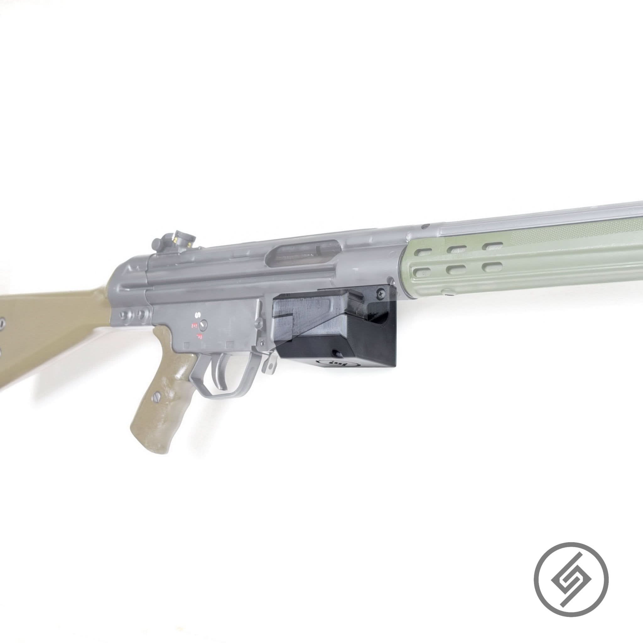 H&K-91 rifle shown mounted on the Spartan Mounts wall hook for secure, quick-access storage