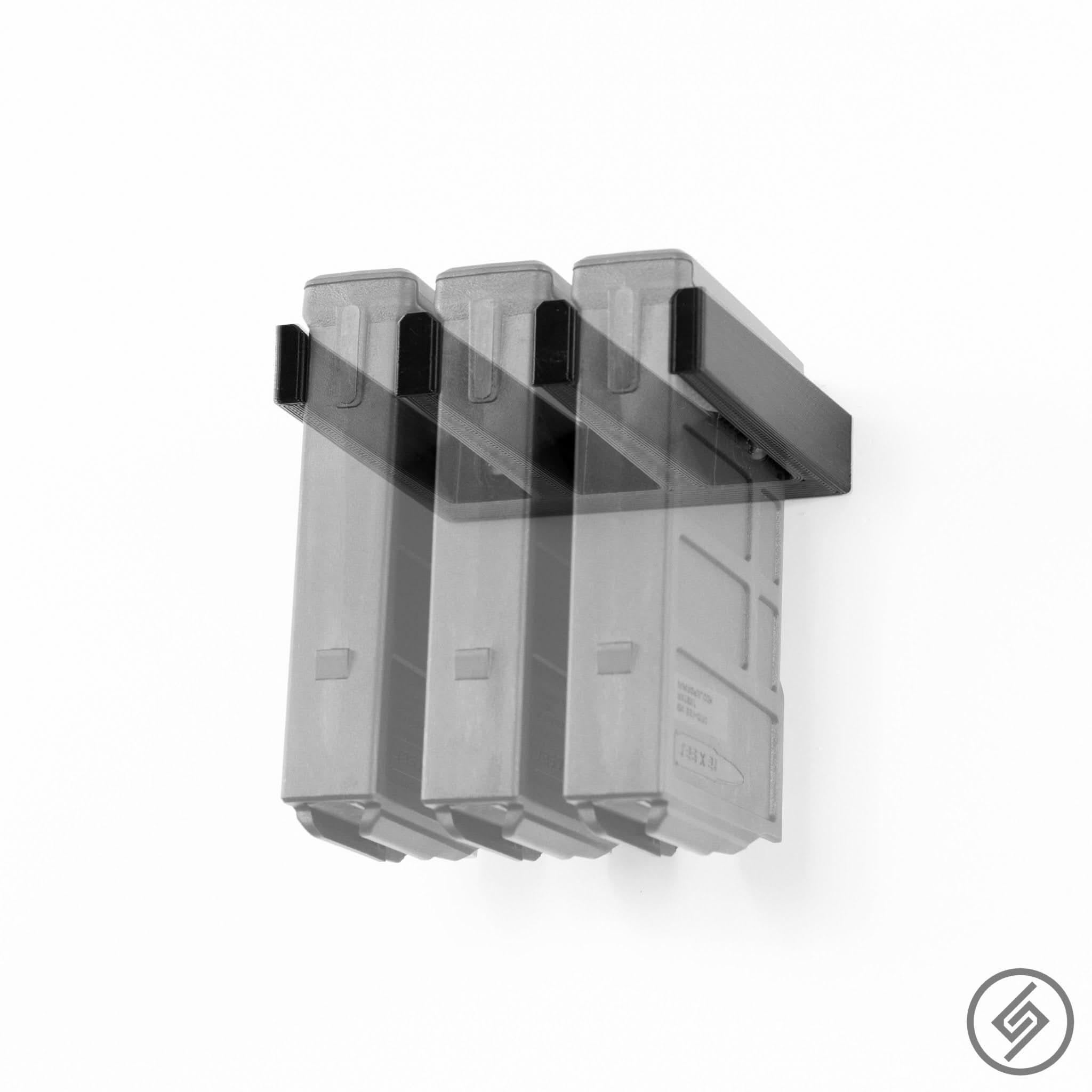 H&K MR762 magazines shown loaded in the Spartan Mounts wall rack for organized, off-the-floor storage