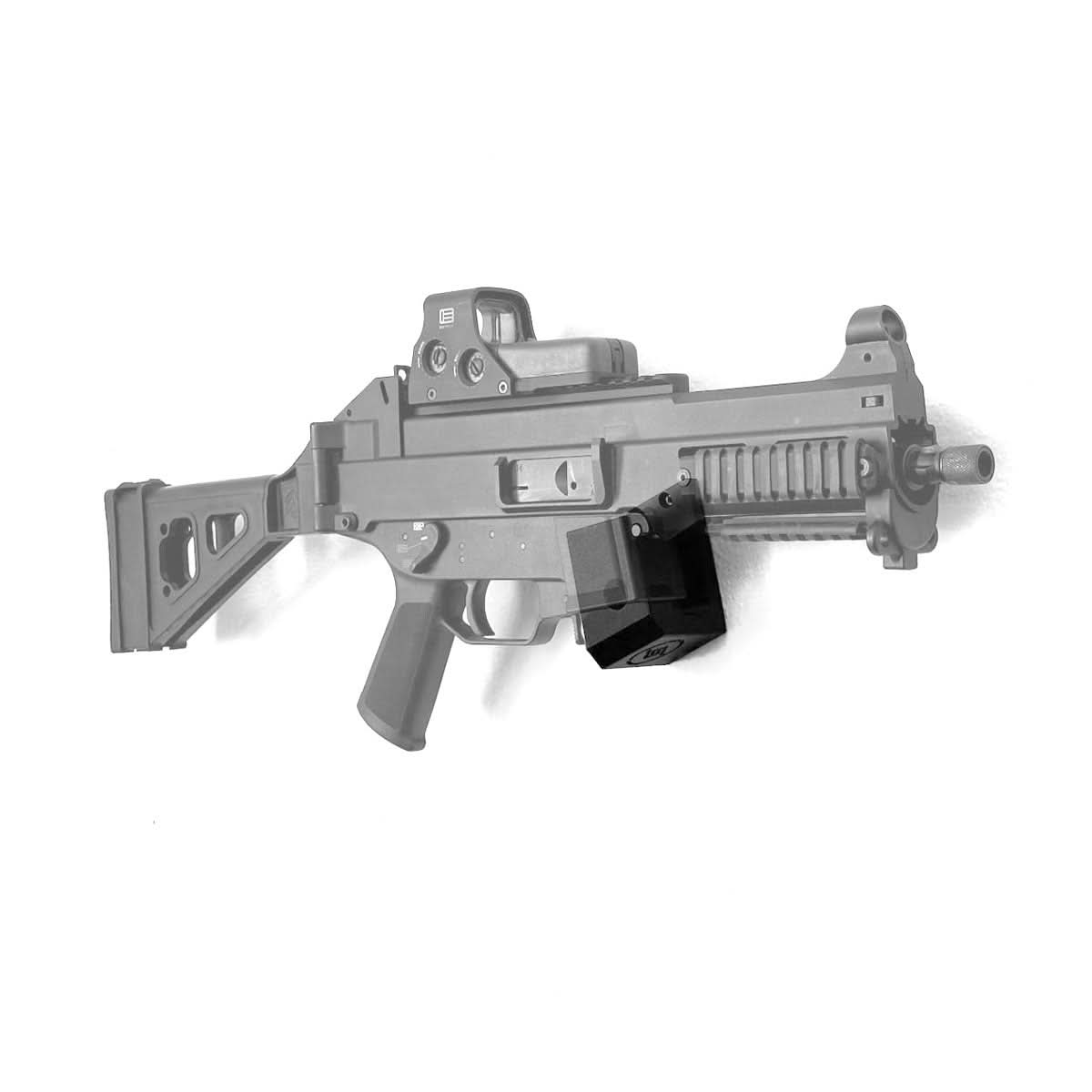 H&K UMP .40/.45 PCC shown mounted on the Spartan Mounts wall hook for secure, space-saving storage