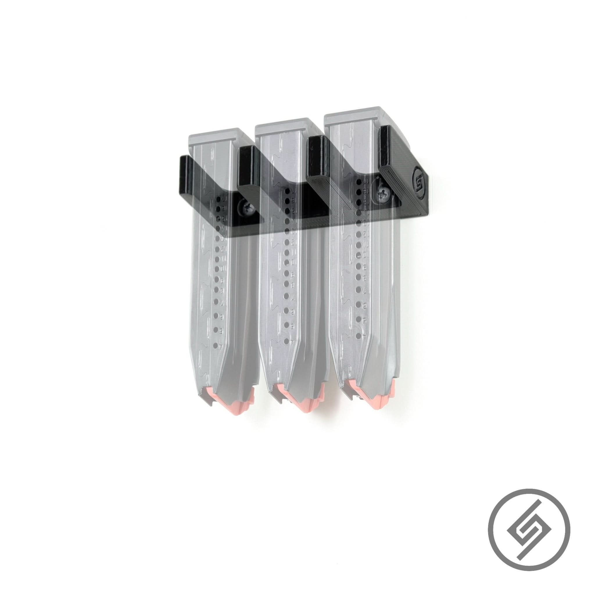 H&K VP9 magazines shown loaded in the Spartan Mounts wall rack for organized, off-the-floor storage