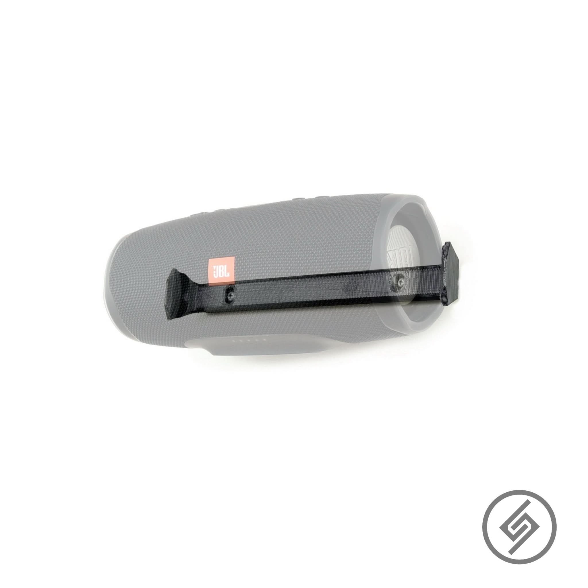 JBL Charge 3 speaker shown mounted on the Spartan Mounts wall mount for a clean, space-saving setup