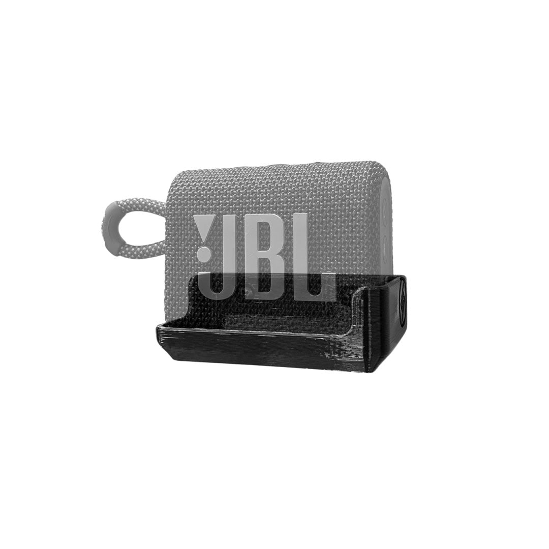 JBL Go 3 speaker shown mounted on the Spartan Mounts wall mount for a clean, space-saving setup