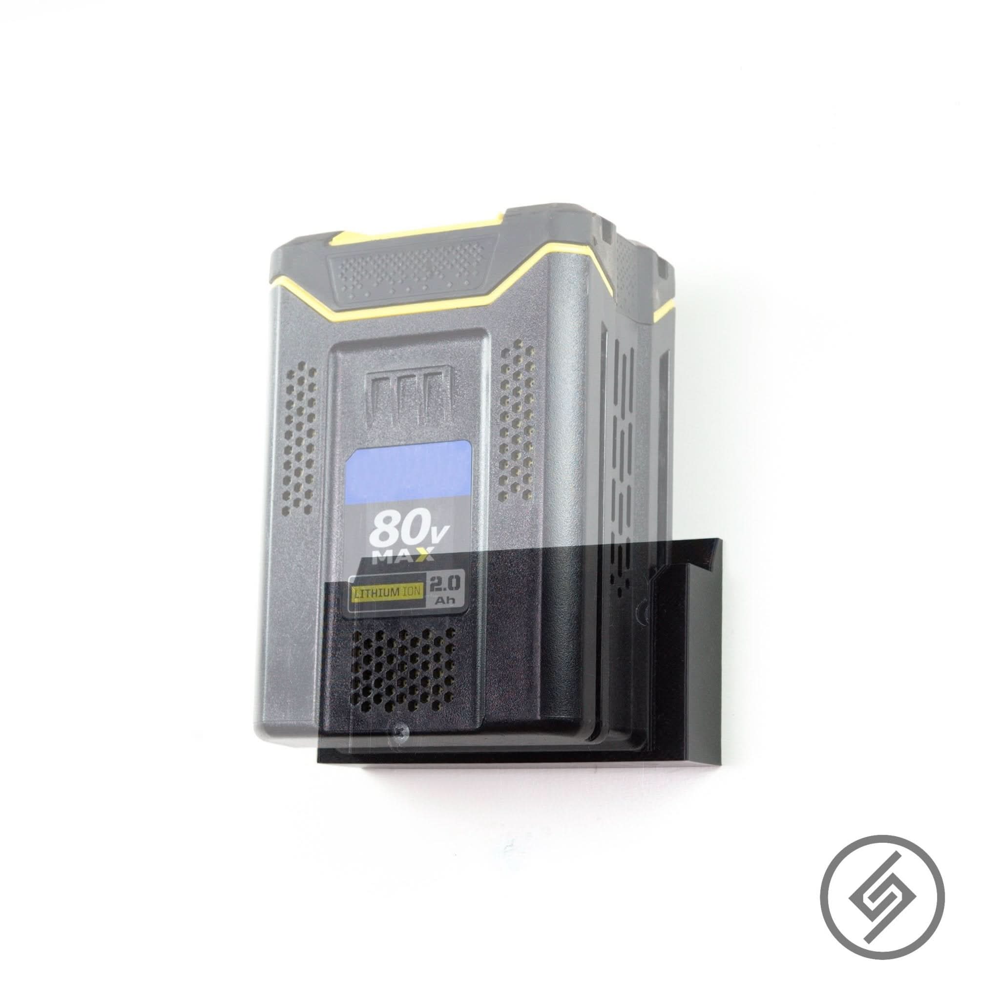 Kobalt 80V battery shown mounted on the Spartan Mounts wall hook for organized garage and shop storage