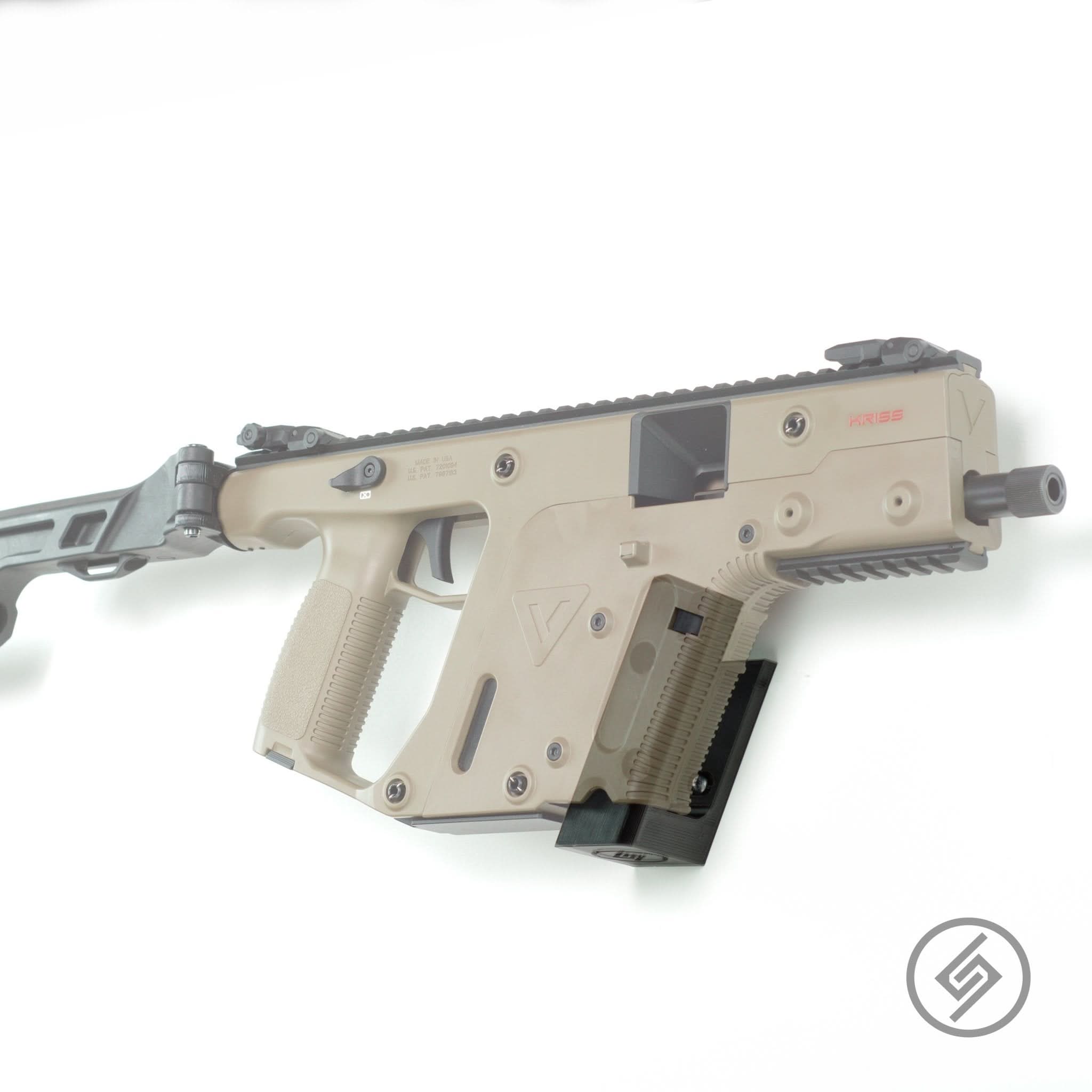 KRISS Vector PCC shown mounted on the Spartan Mounts wall hook for secure, space-saving storage