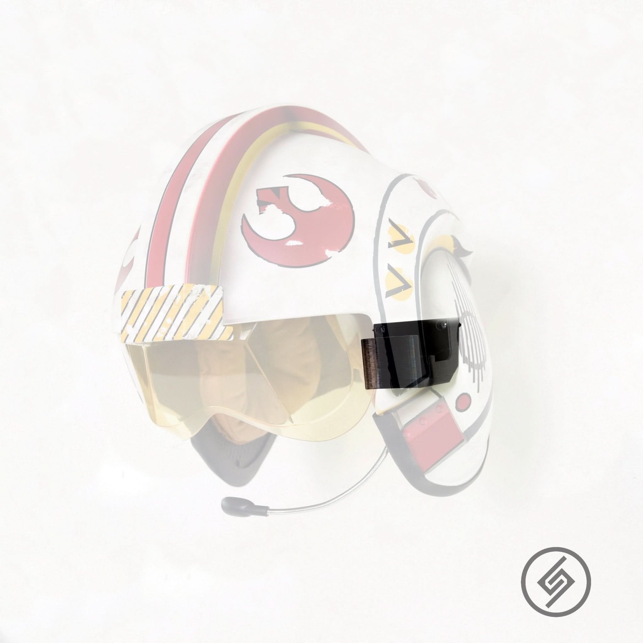Luke Skywalker-style helmet shown mounted on the Spartan Mounts wall mount for a clean, off-the-floor display