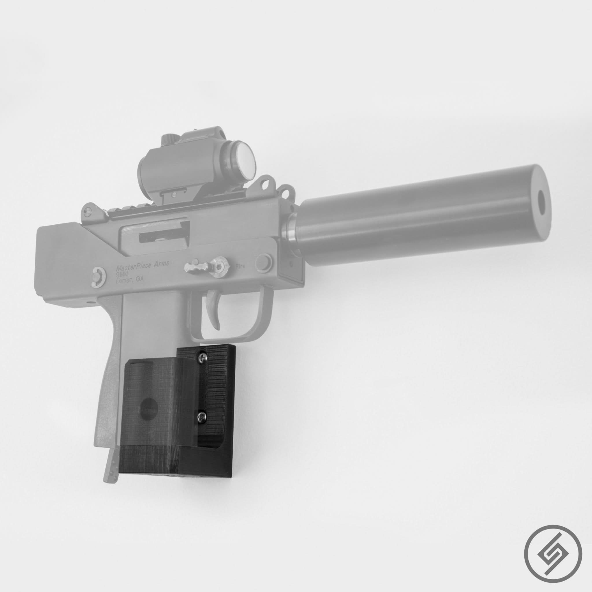 MAC-10 pistol shown mounted on the Spartan Mounts wall hook for secure, space-saving storage