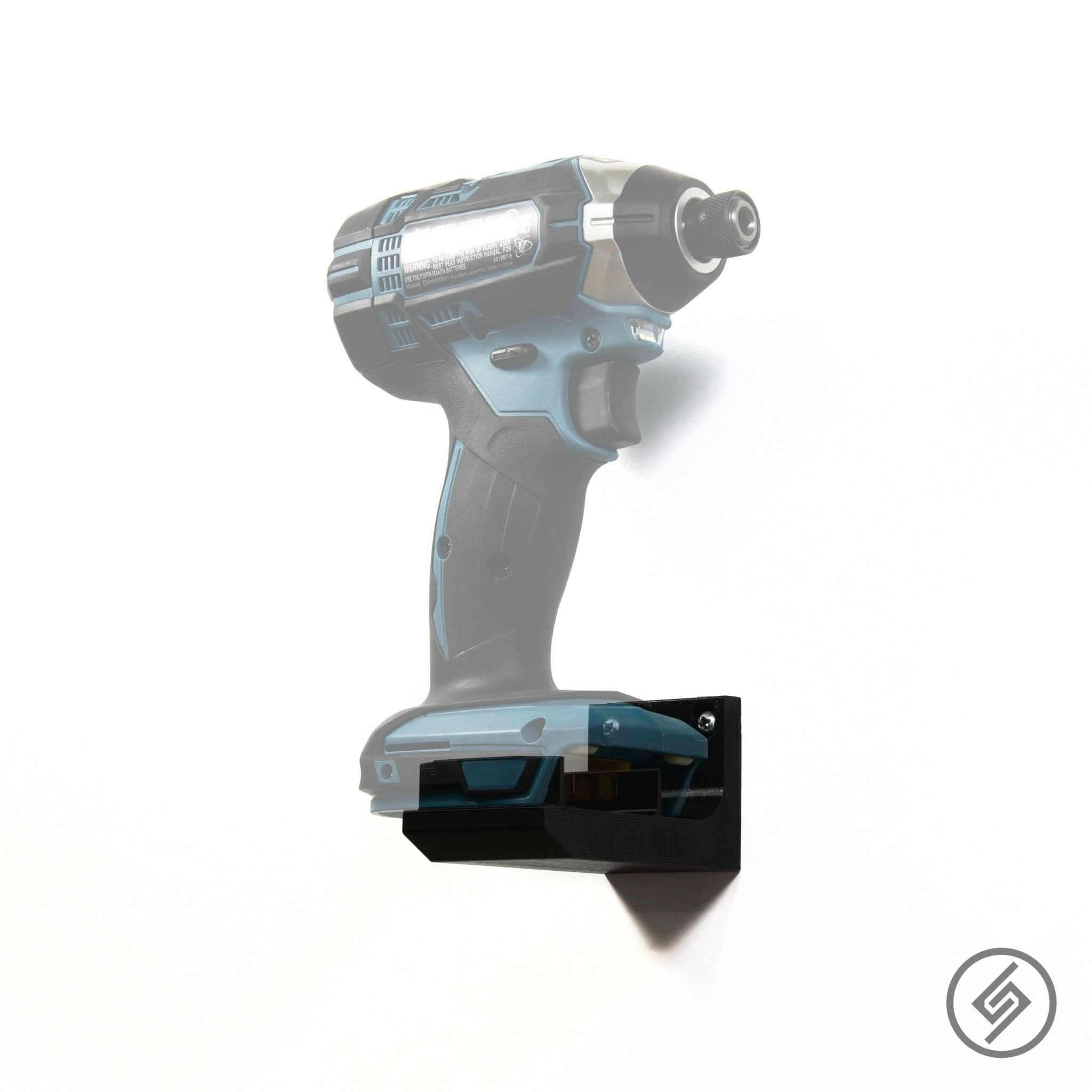 Makita 12V power tool shown mounted on the Spartan Mounts wall hook for organized garage and shop storage