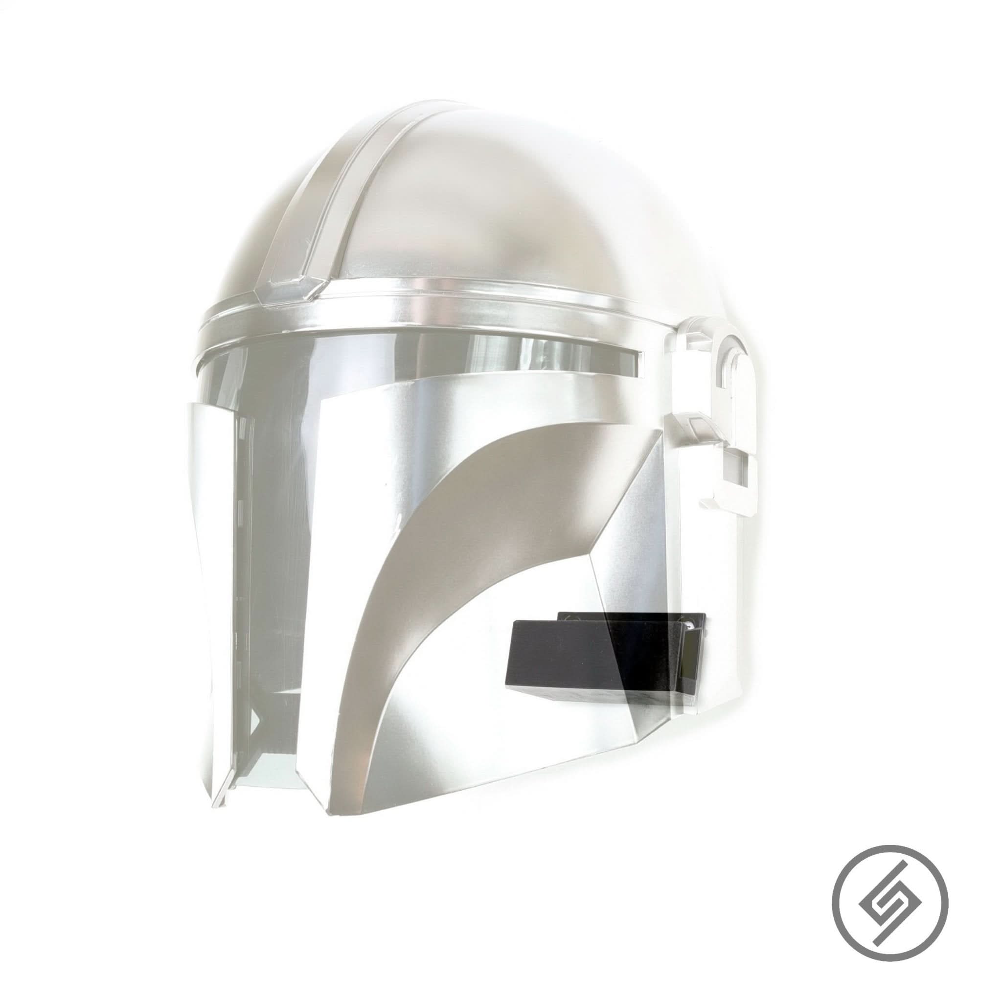 Mandalorian-style helmet shown mounted on the Spartan Mounts wall mount for a clean, off-the-floor display