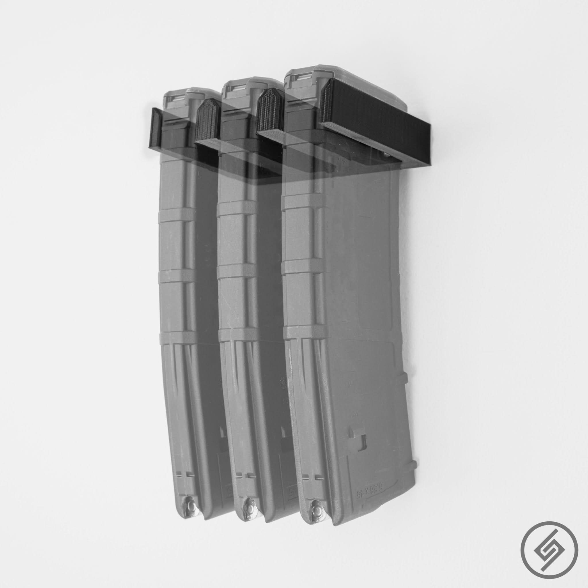 MFT 5.56 magazines shown loaded in the Spartan Mounts wall rack for organized, off-the-floor storage