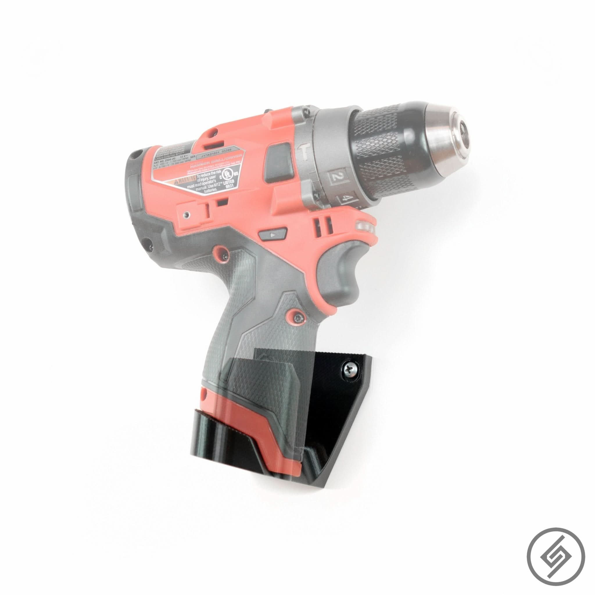 Milwaukee M12 power tool shown mounted on the Spartan Mounts wall hook for organized garage and shop storage