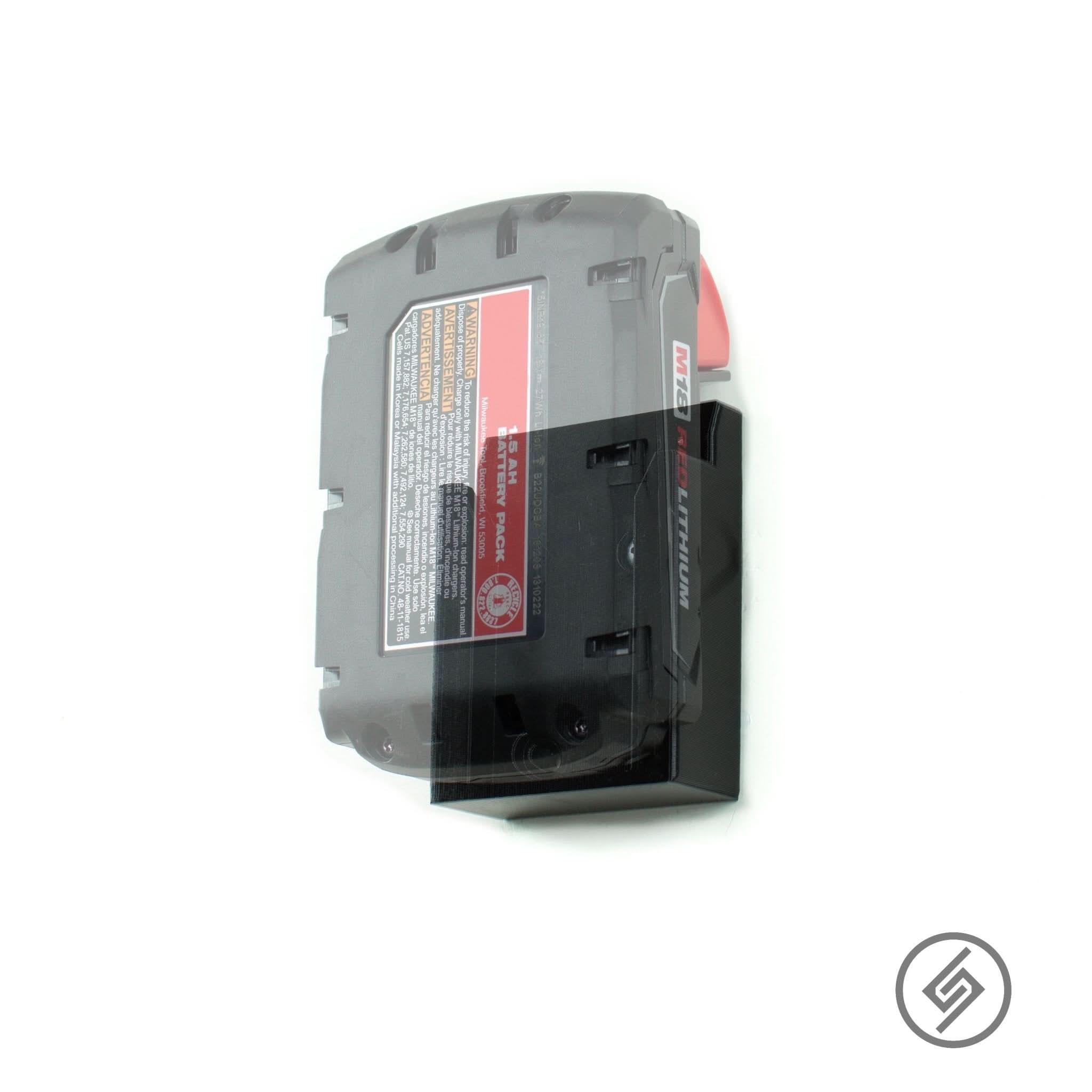 Single Milwaukee M18 battery shown mounted on the Spartan Mounts wall hook for organized shop storage