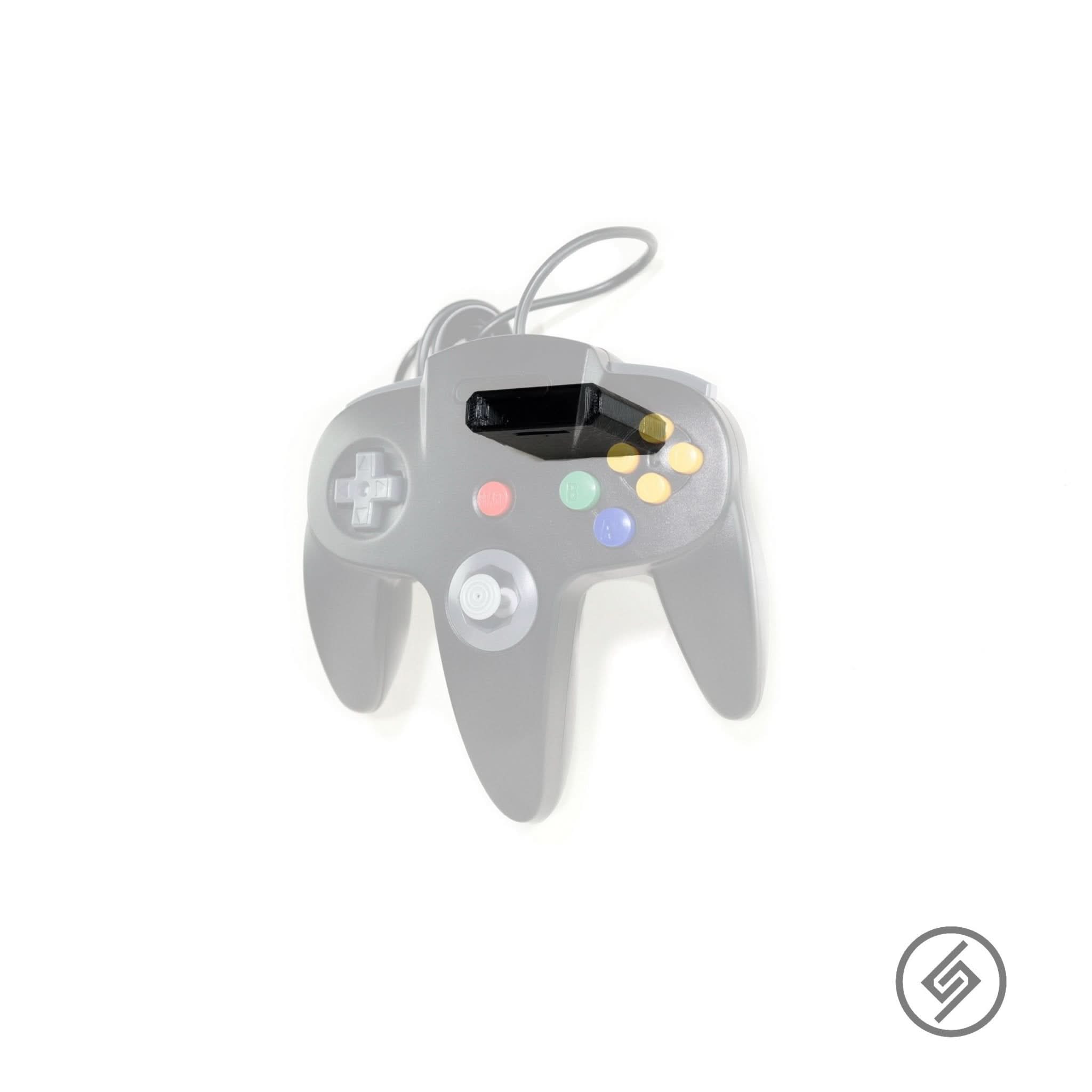 Nintendo 64 controller shown mounted on the Spartan Mounts wall mount for organized, off-the-floor storage