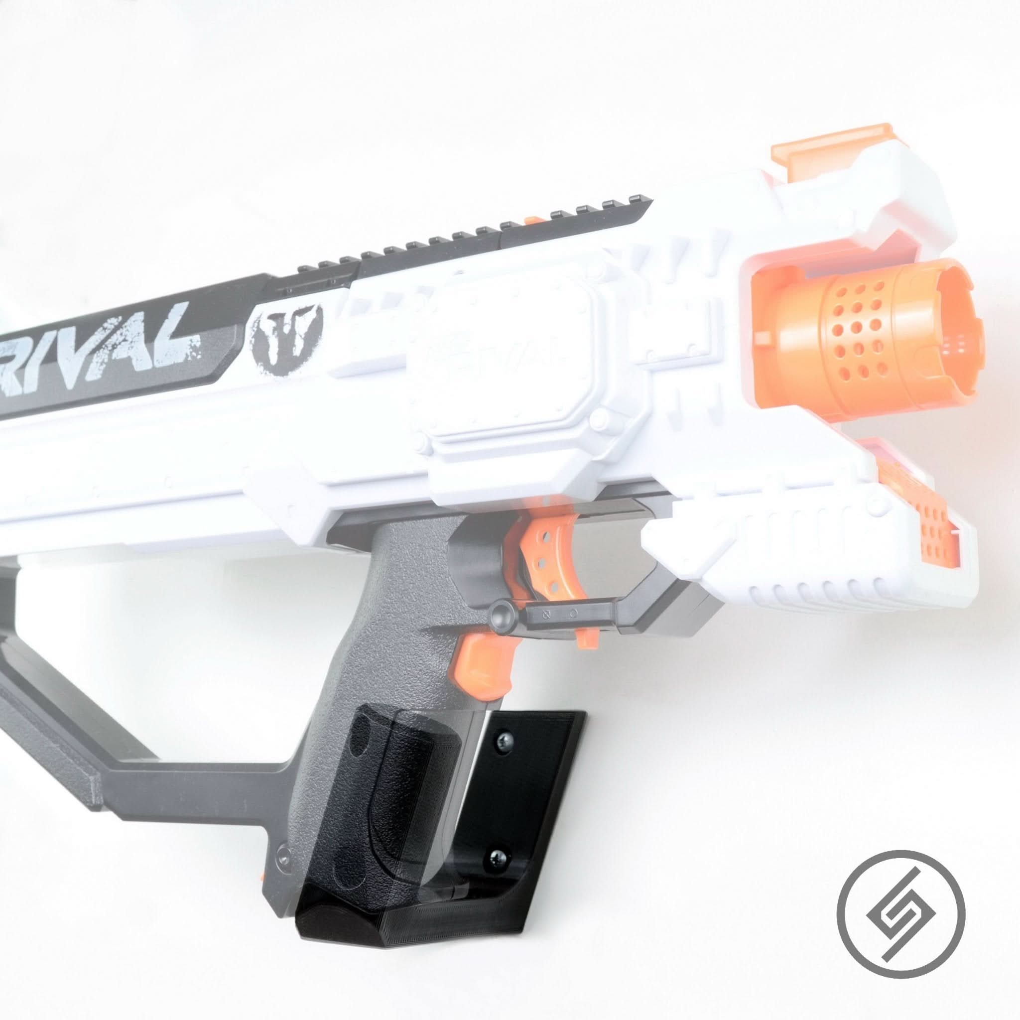 Nerf Rival blaster shown mounted on the Spartan Mounts wall hook for organized, off-the-floor storage