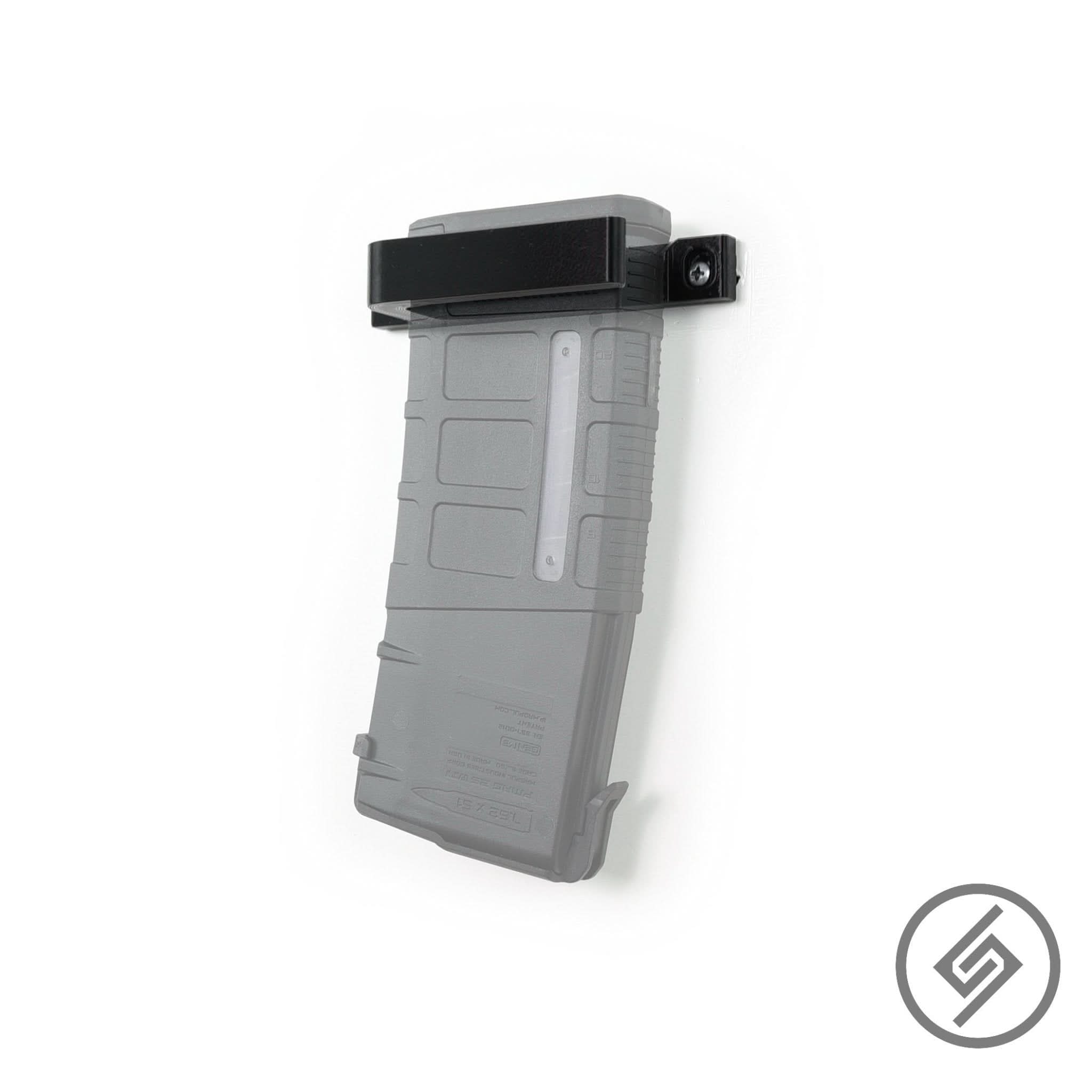 A pair of AR-10 PMAG magazines shown in the Spartan Mounts flat wall racks for a clean, space-saving display