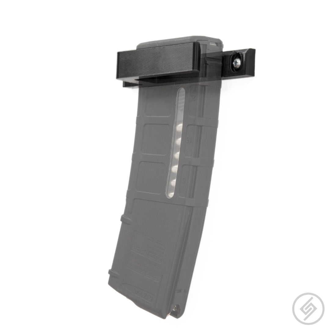 A pair of AR-15 PMAG magazines shown in the Spartan Mounts flat wall racks for a clean, space-saving display