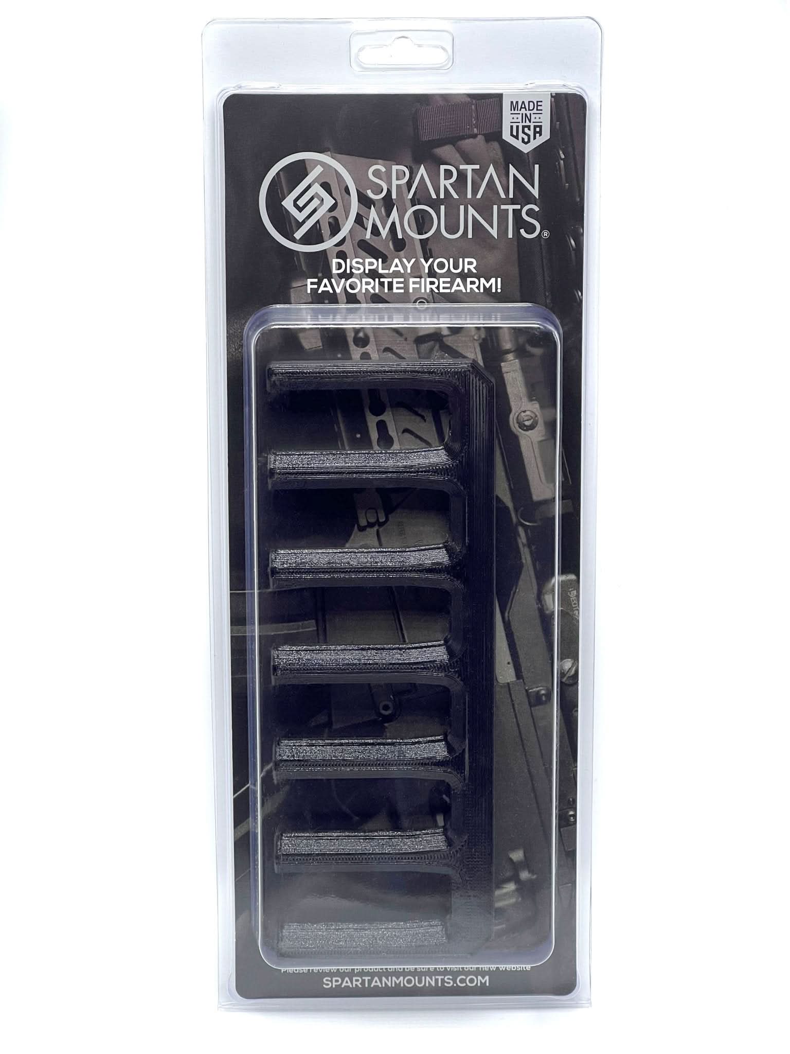 Spartan Mounts AR-15 PMAG 6-magazine wall mount shown in retail packaging